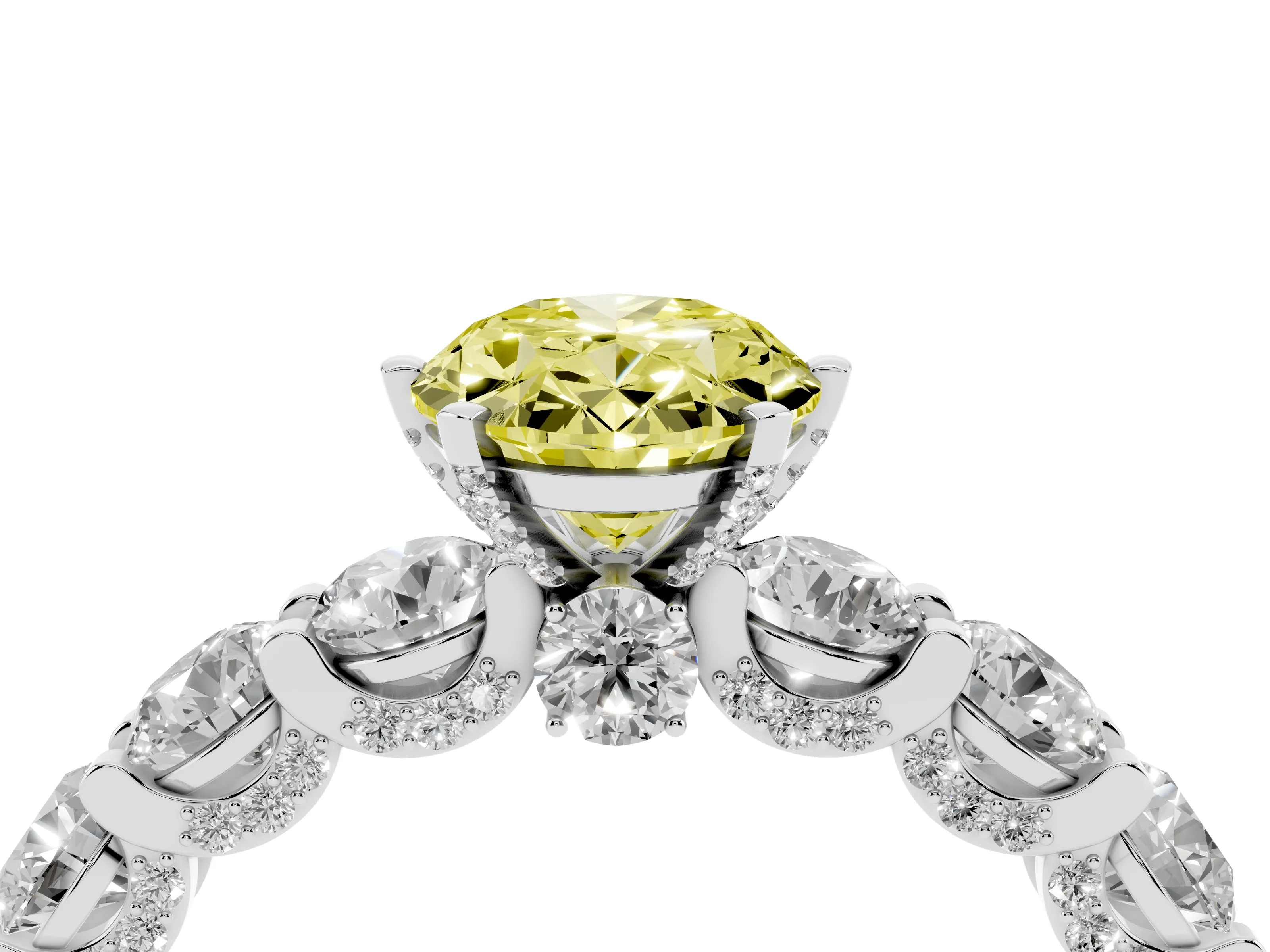 Fancy Yellow Oval Cut Diamond Side Stone Ring Set in Platinum with Alternating Round and Oval Side Stones