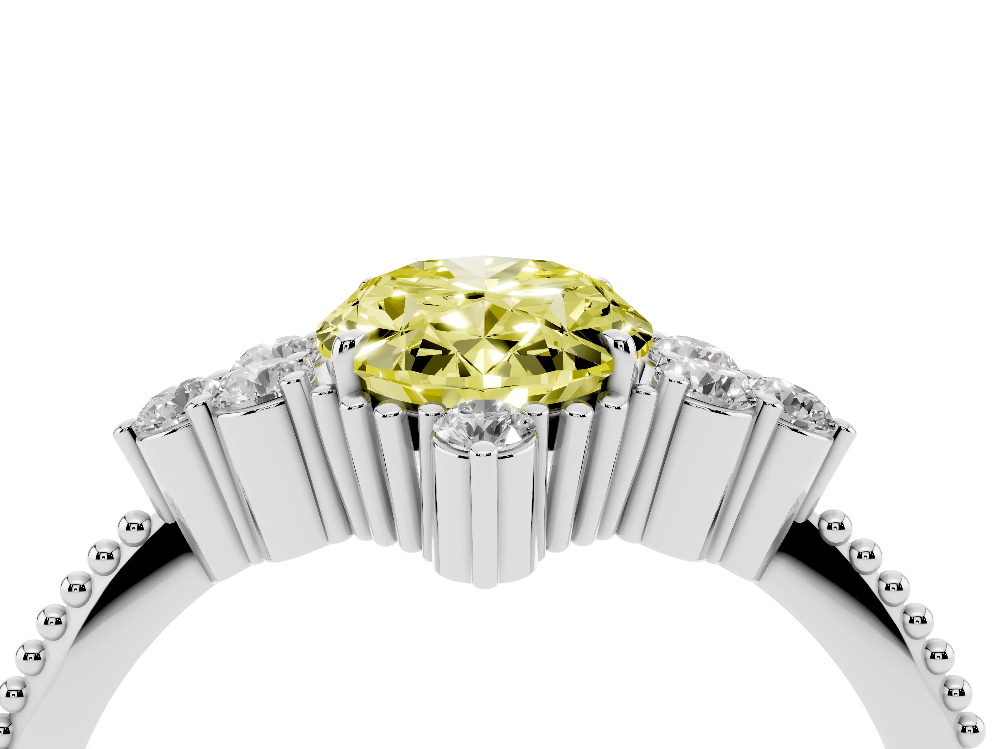 Fancy Yellow Oval Cut Diamond Cluster Ring Set in Silver with Beaded Band