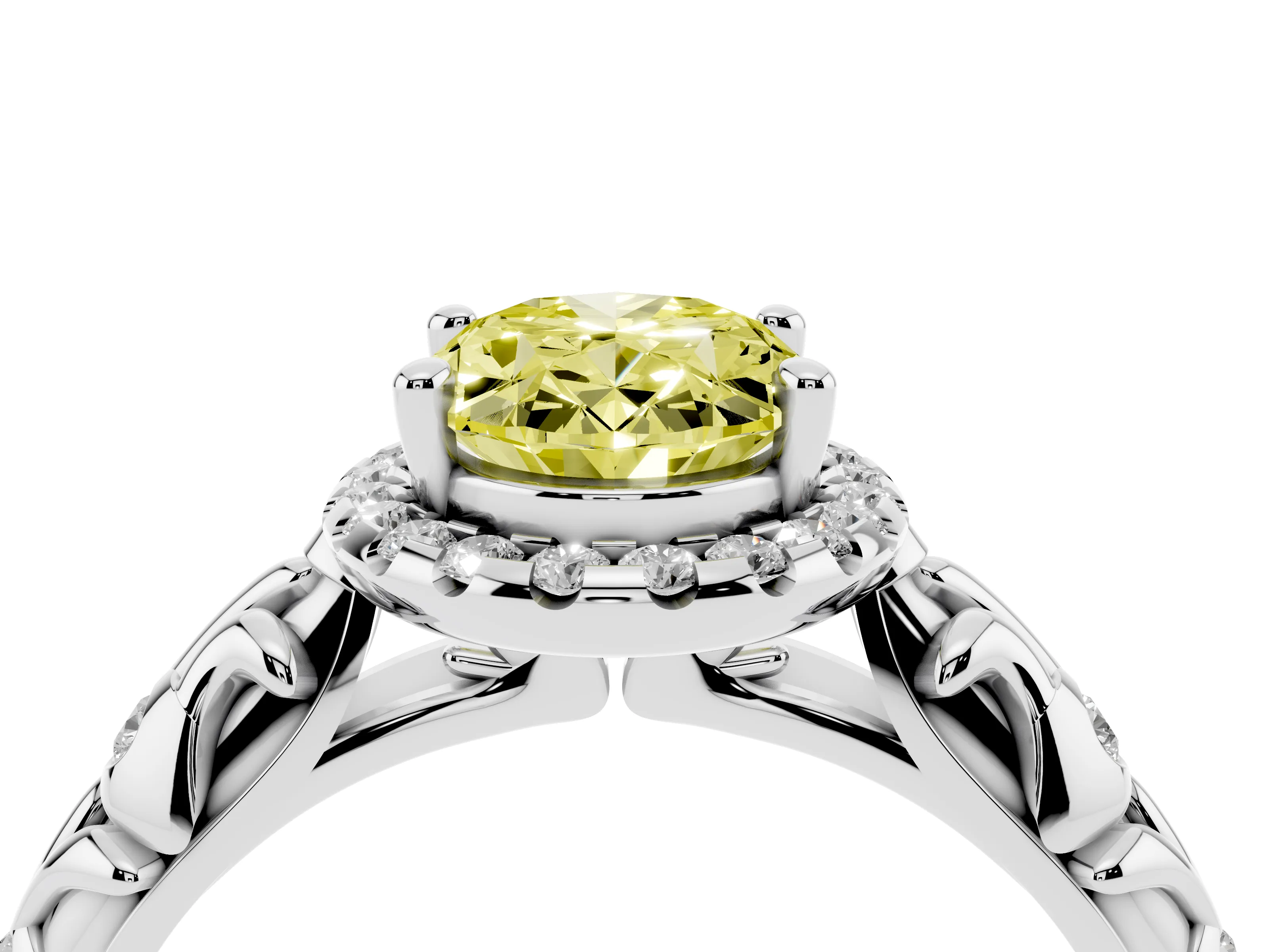 Fancy Yellow Oval Cut Diamond Halo Ring Set in Silver with Filigree Leaf Band and Prong Setting
