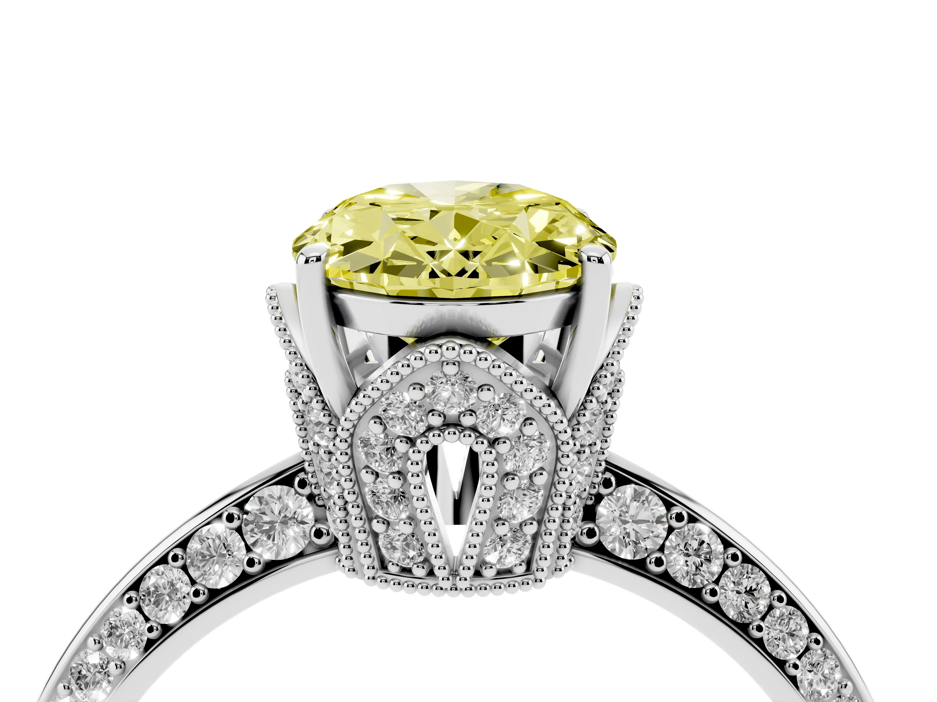 Fancy Yellow Oval Cut Diamond Solitaire Engagement Ring Set in Silver with Pavé Split Shank and Prong Setting