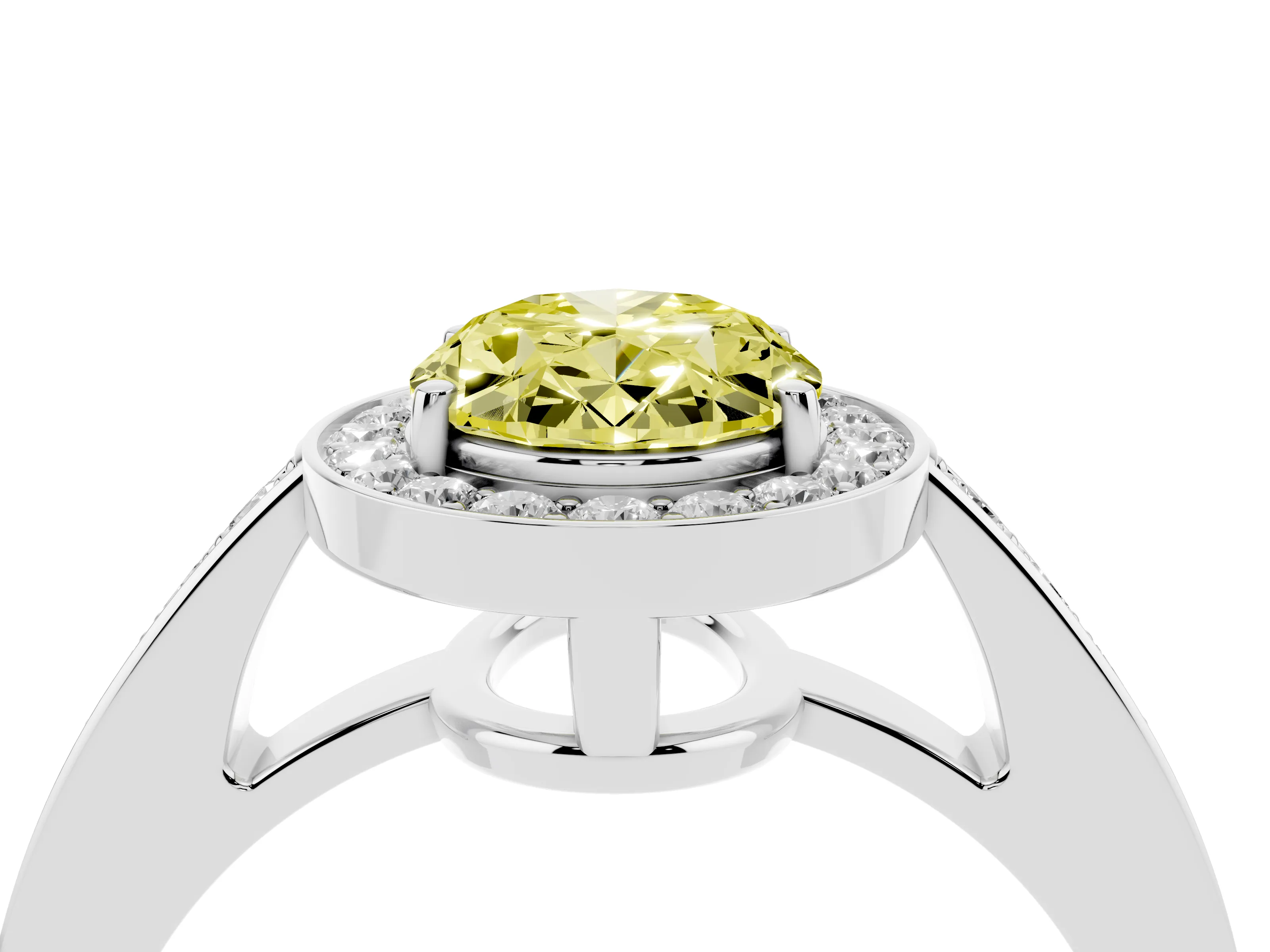 Fancy Yellow Oval Cut Diamond Halo Pavé Engagement Ring Set in Silver with Bezel Setting