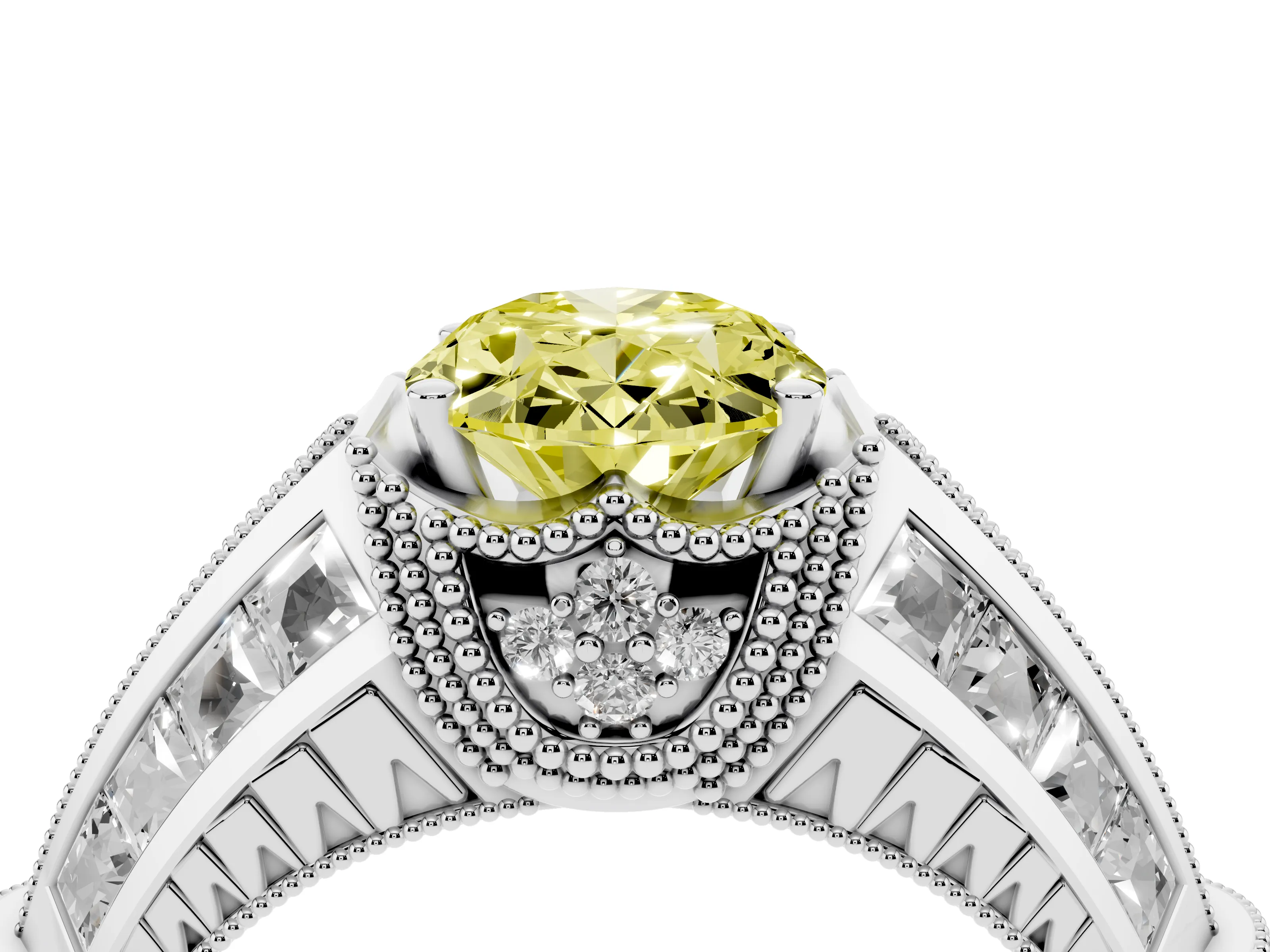 Fancy Yellow Oval Cut Diamond Vintage-Inspired Milgrain Ring Set in Silver with Accent Split Shank