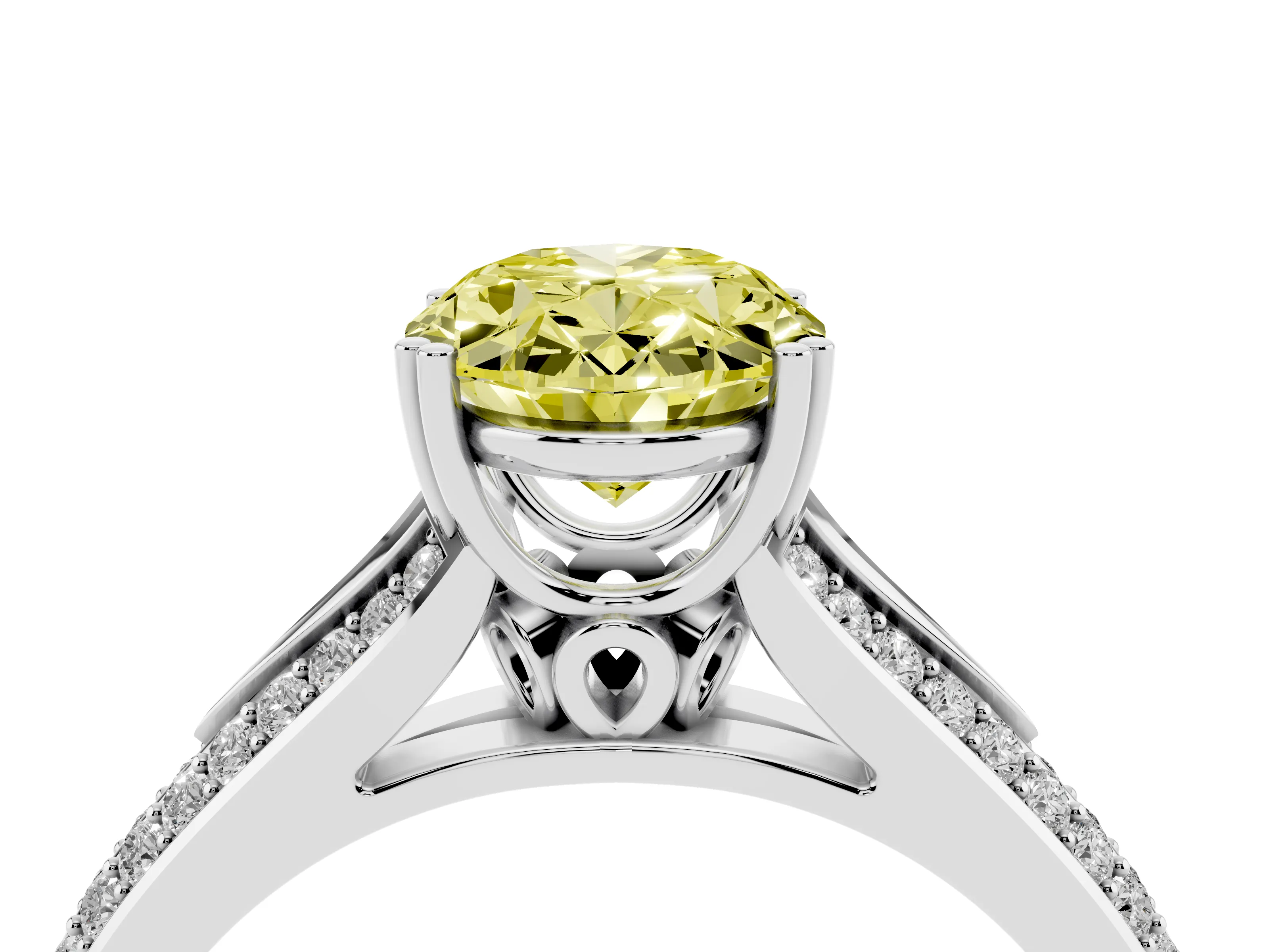Fancy Yellow Oval Cut Diamond Split Shank Pavé Engagement Ring Set in Silver with Prong-Set Center Stone