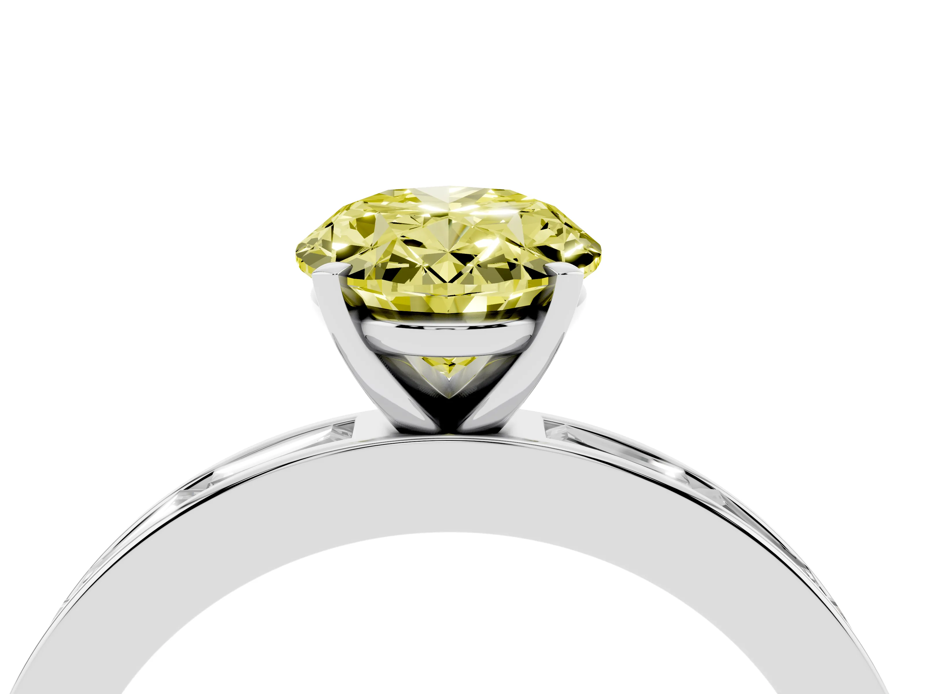 Fancy Yellow Oval Cut Diamond Solitaire Ring Set in Silver with Channel-Set Baguette Band and Prong Setting