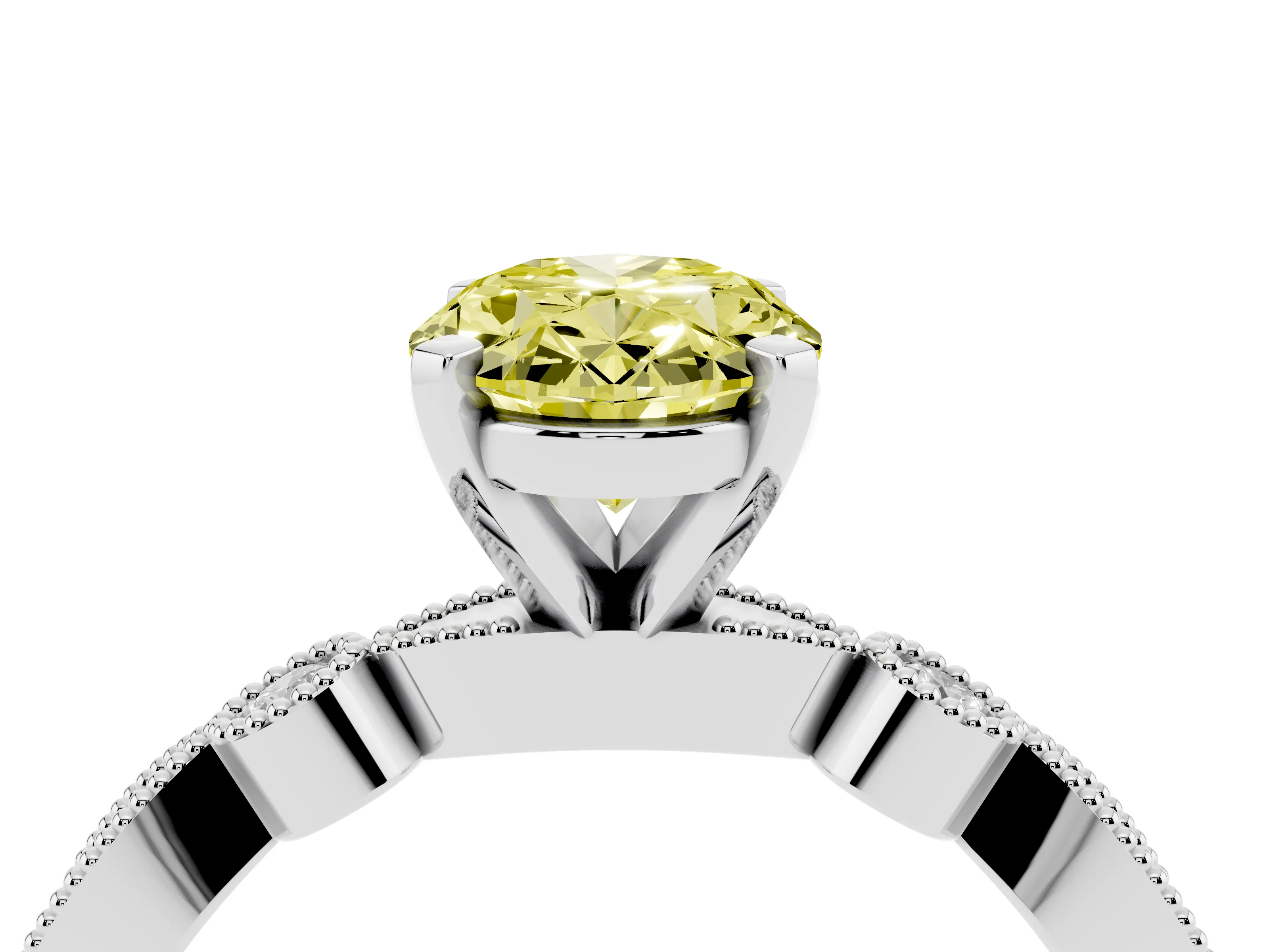 Fancy Yellow Oval Cut Diamond Solitaire Engagement Ring Set in Platinum with Milgrain Bezel Accent Band