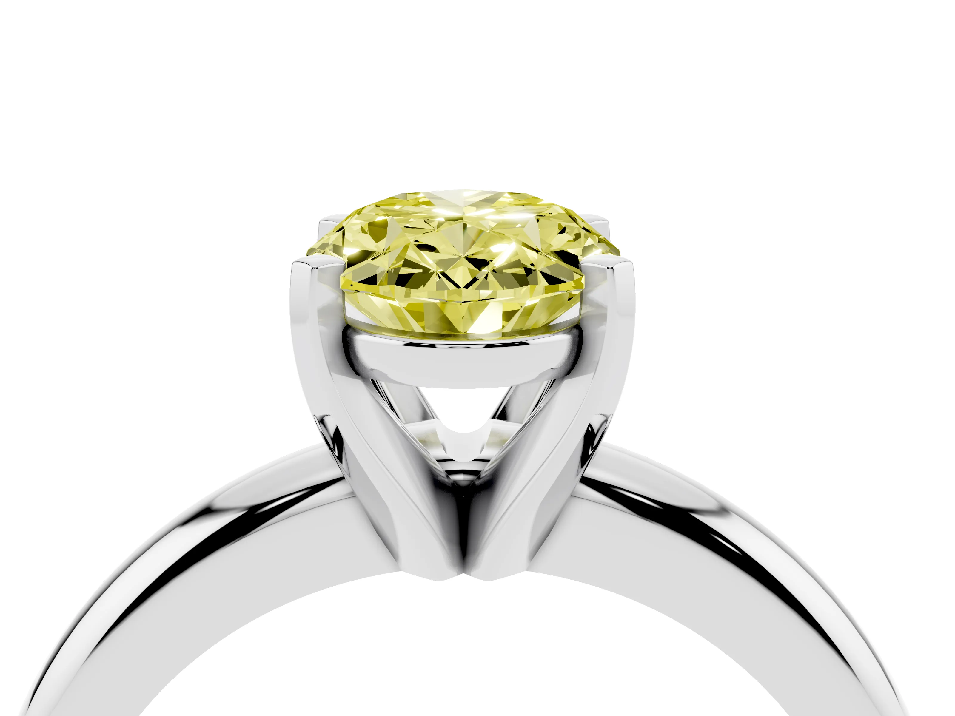 Fancy Yellow Oval Cut Diamond Solitaire Engagement Ring Set in White gold with Round Band and Prong Setting