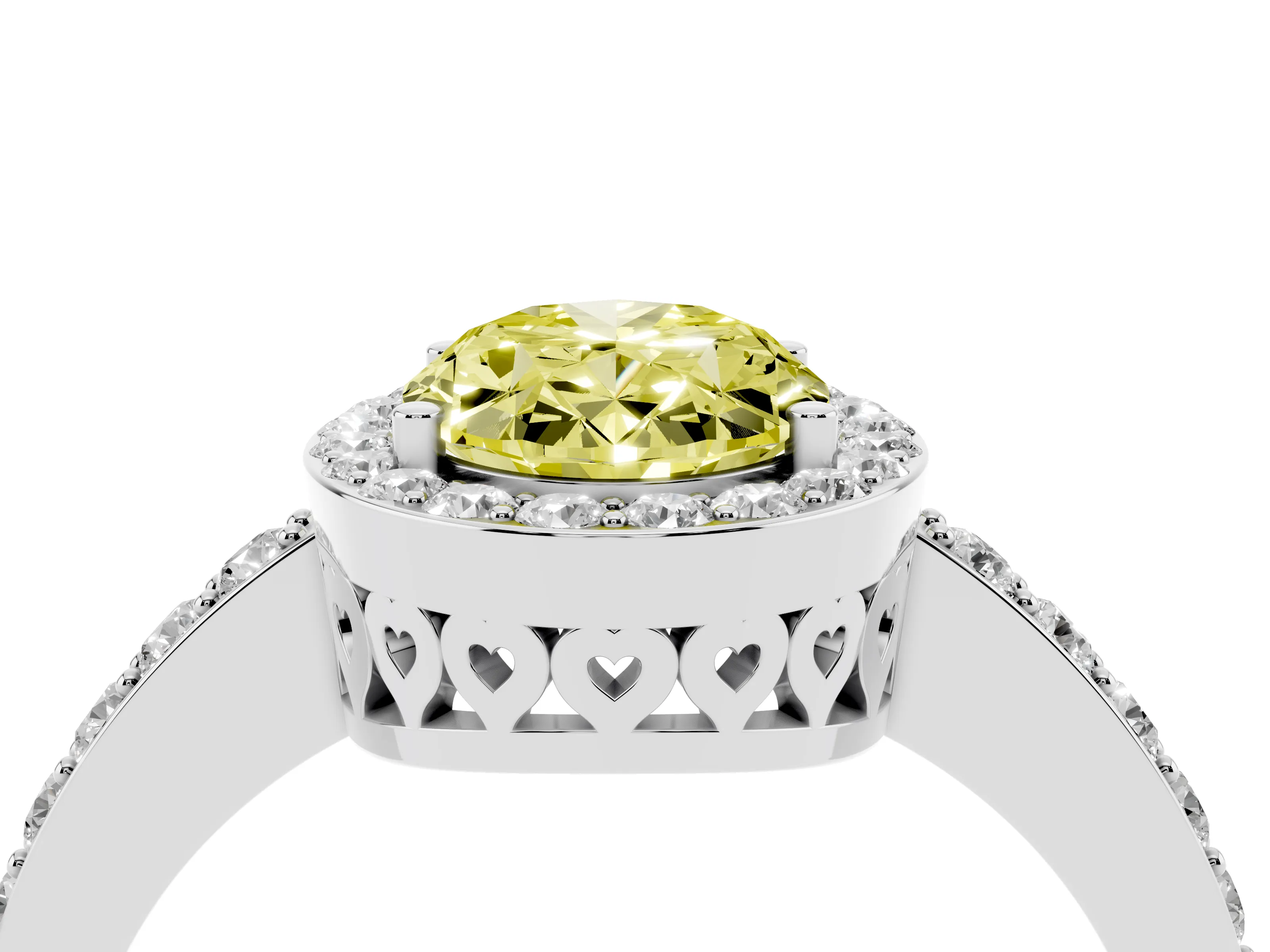 Fancy Yellow Oval Cut Diamond Halo Ring Set in White gold with Pavé-Setting Band and Open Prong Center