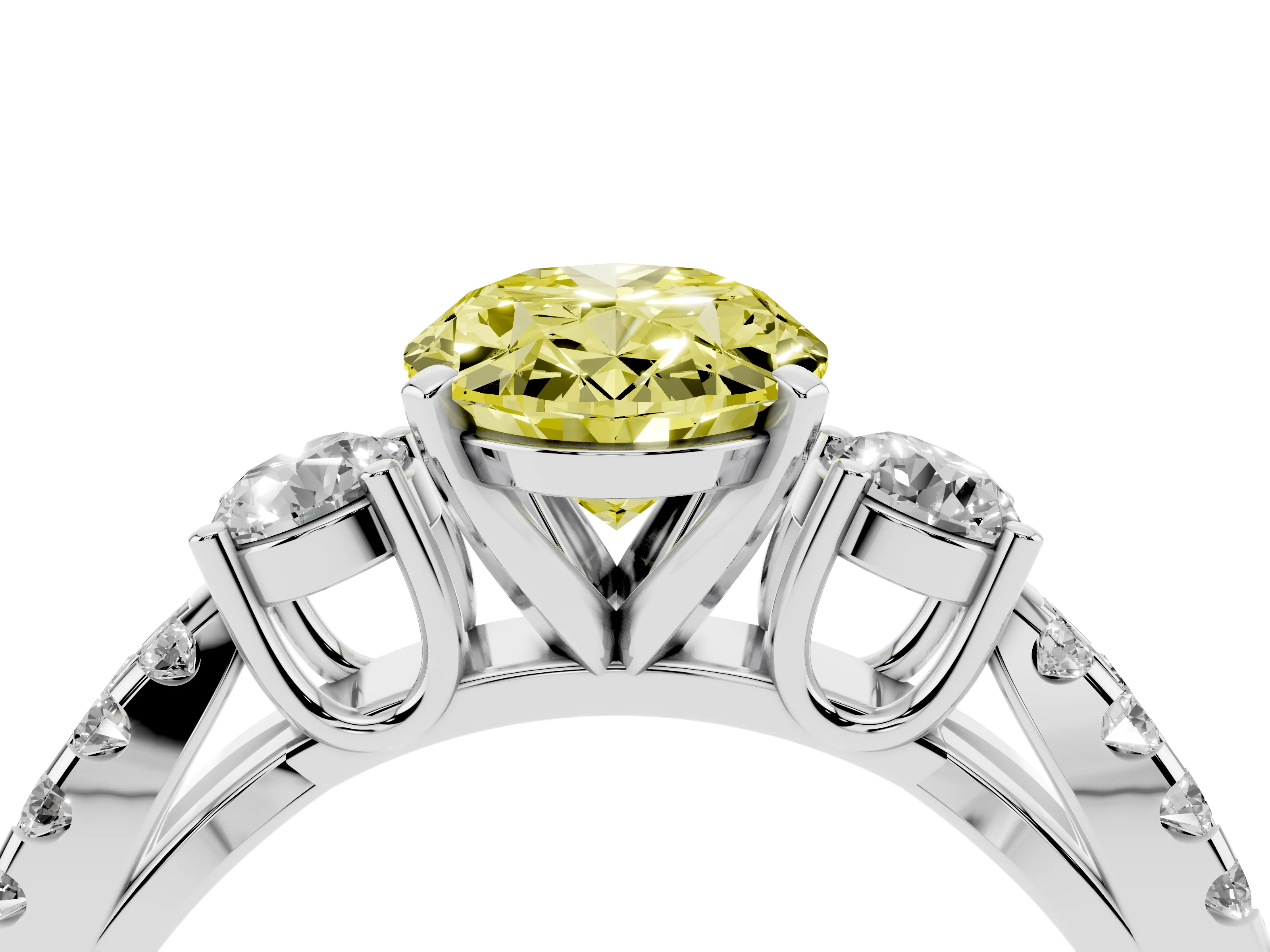Fancy Yellow Oval Cut Diamond Three-Stone Ring Set in White gold with Pavé Split Shank and Prong Setting