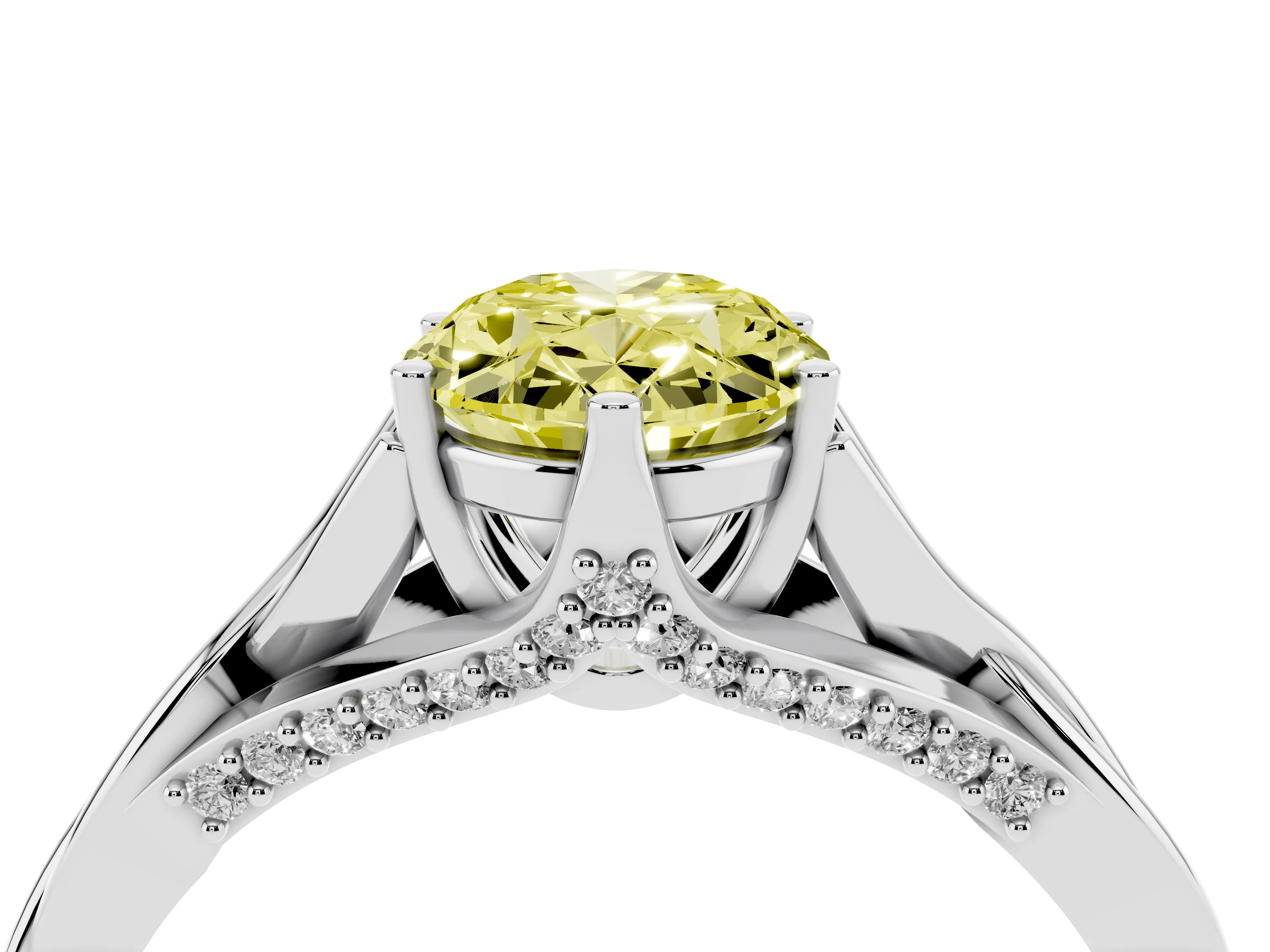 Fancy Yellow Oval Cut Diamond Intertwined Twist Band Solitaire Ring Set in White gold with Prong Setting
