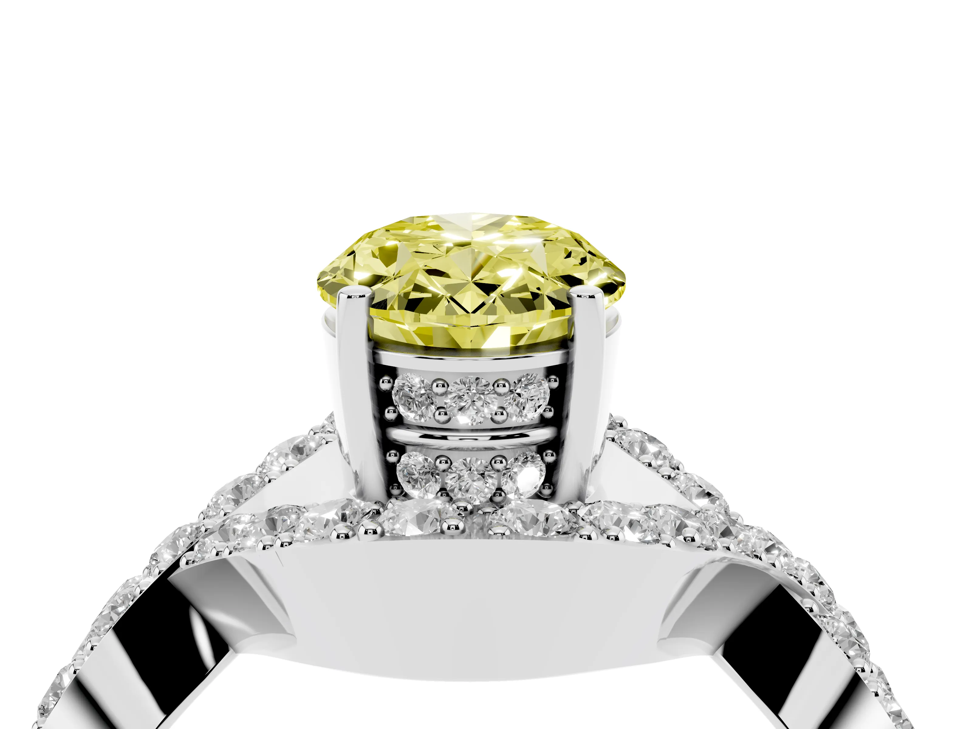 Fancy Yellow Oval Cut Diamond Solitaire Twist Band Pavé Engagement Ring Set in Platinum