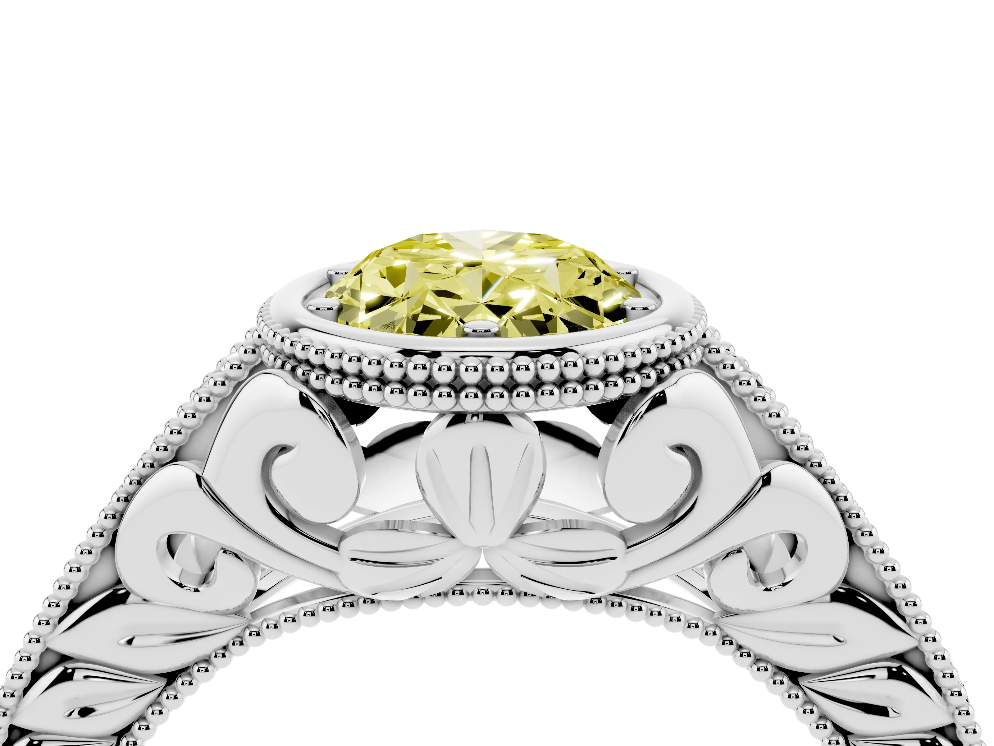Fancy Yellow Bezel Set Oval Cut Diamond Milgrain Pavé Engagement Ring Set in Silver