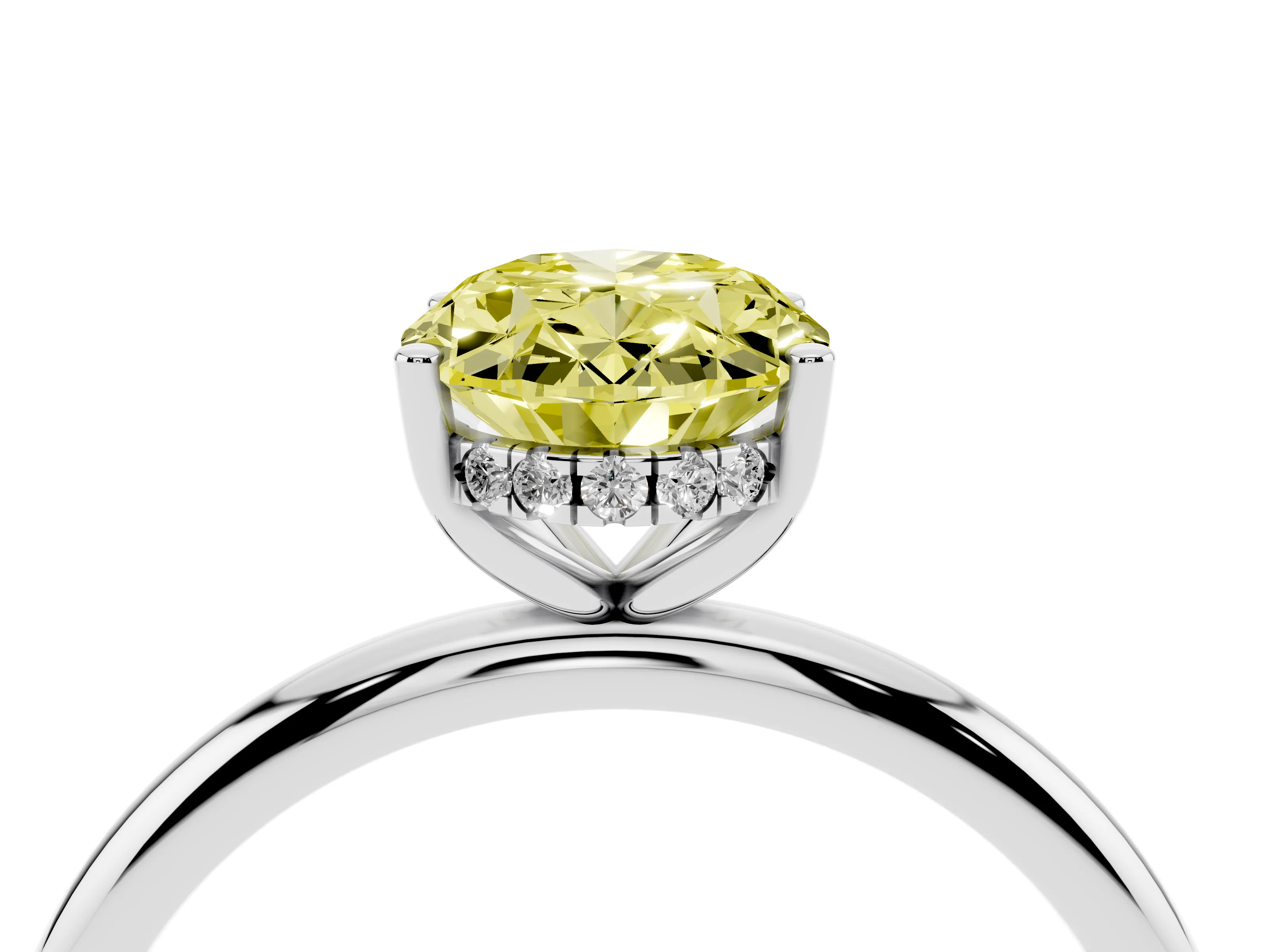 Fancy Yellow Oval Cut Diamond Solitaire Engagement Ring Set in White gold with Prong Setting and Polished Band
