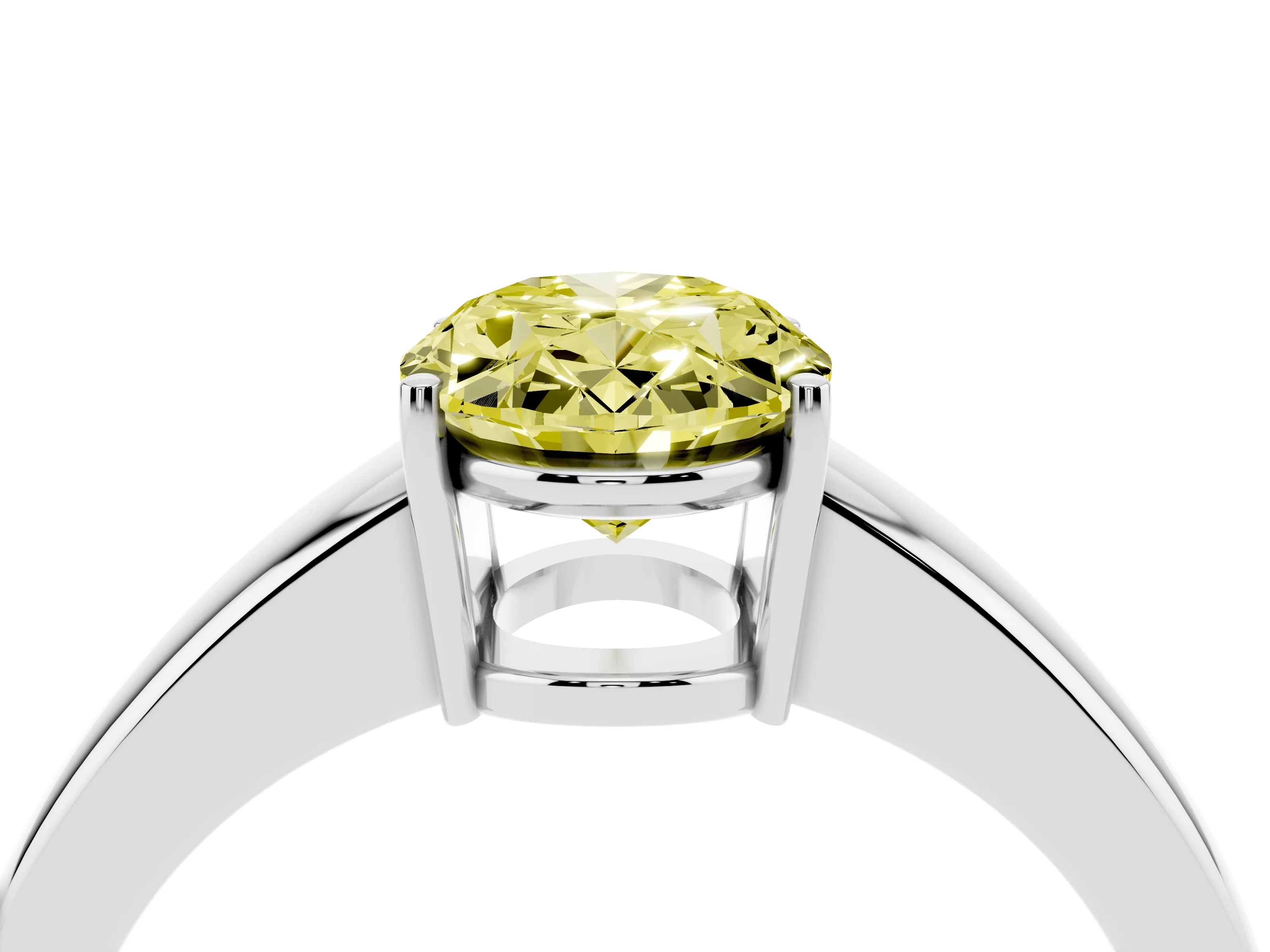 Fancy Yellow Oval Cut Diamond Solitaire Ring Set in Platinum with Tapered Band and Prong Setting
