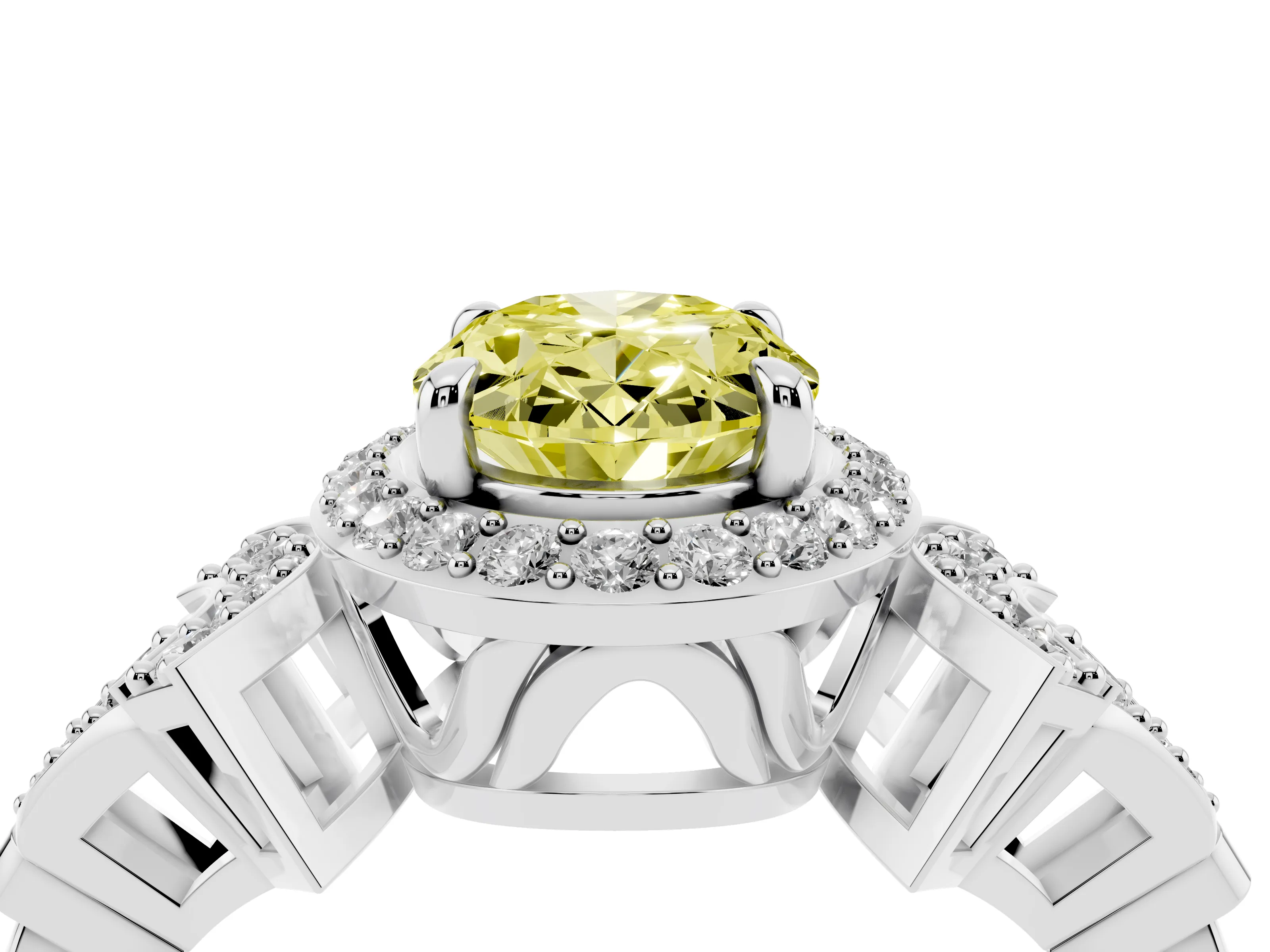 Fancy Yellow Oval Cut Diamond Halo Engagement Ring Set in Platinum with Accent Stone Split Shank