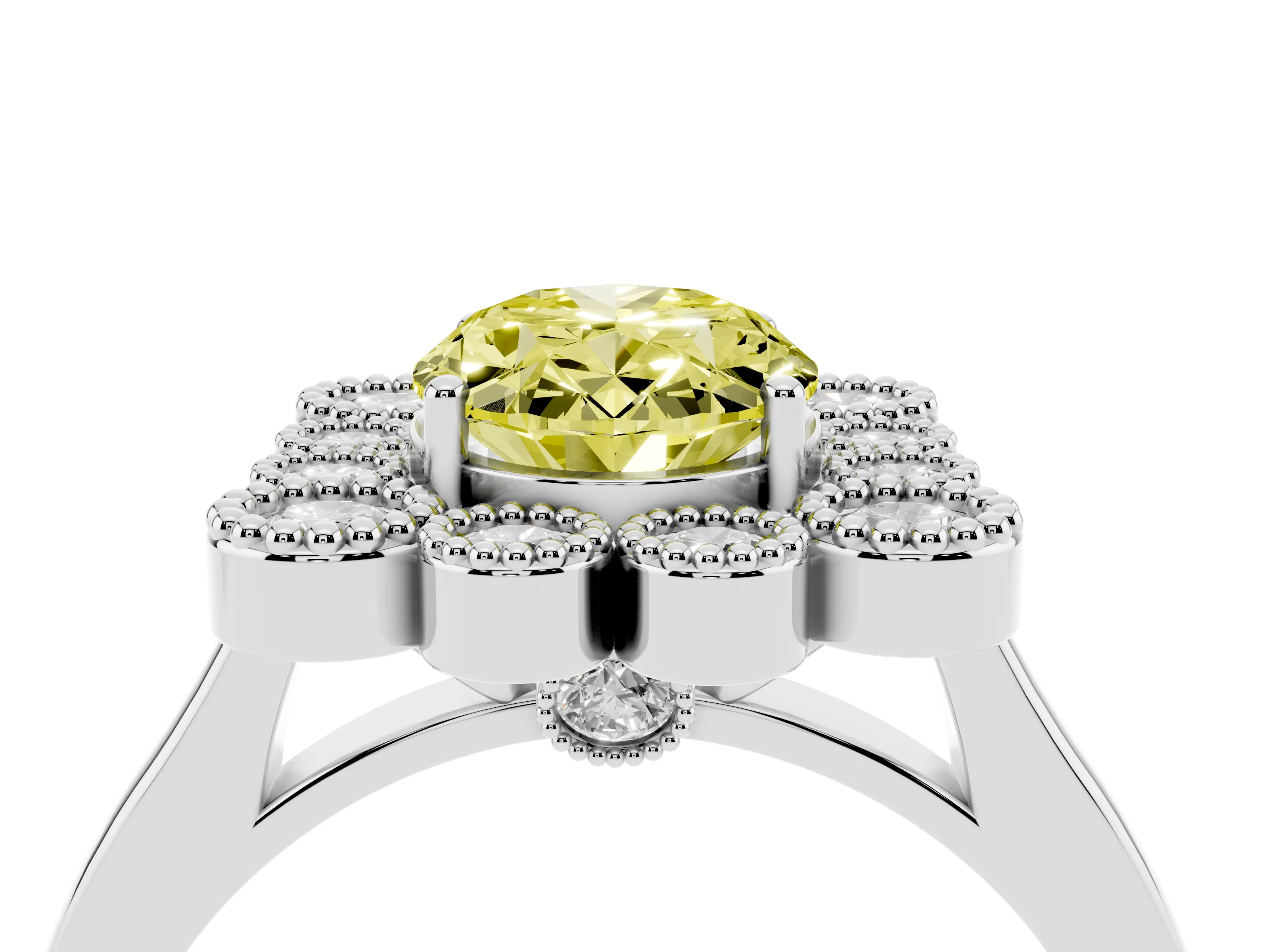 Fancy Yellow Oval Cut Diamond Cluster Halo Ring Set in White gold with Milgrain Bezel Accents and Plain Band