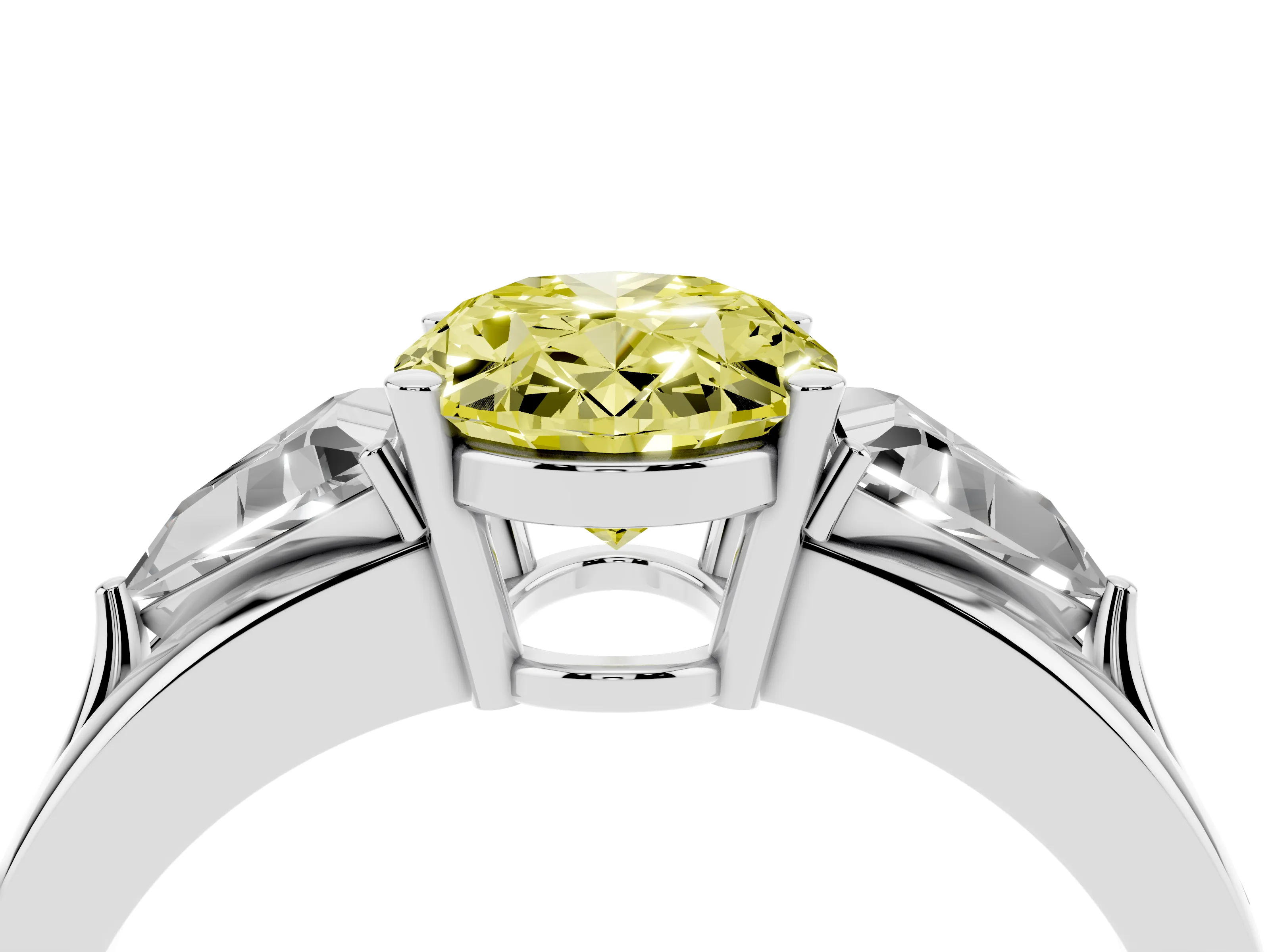 Fancy Yellow Oval Cut Diamond Three-Stone Ring Set in White gold with Trillion Side Stones and Split Shank