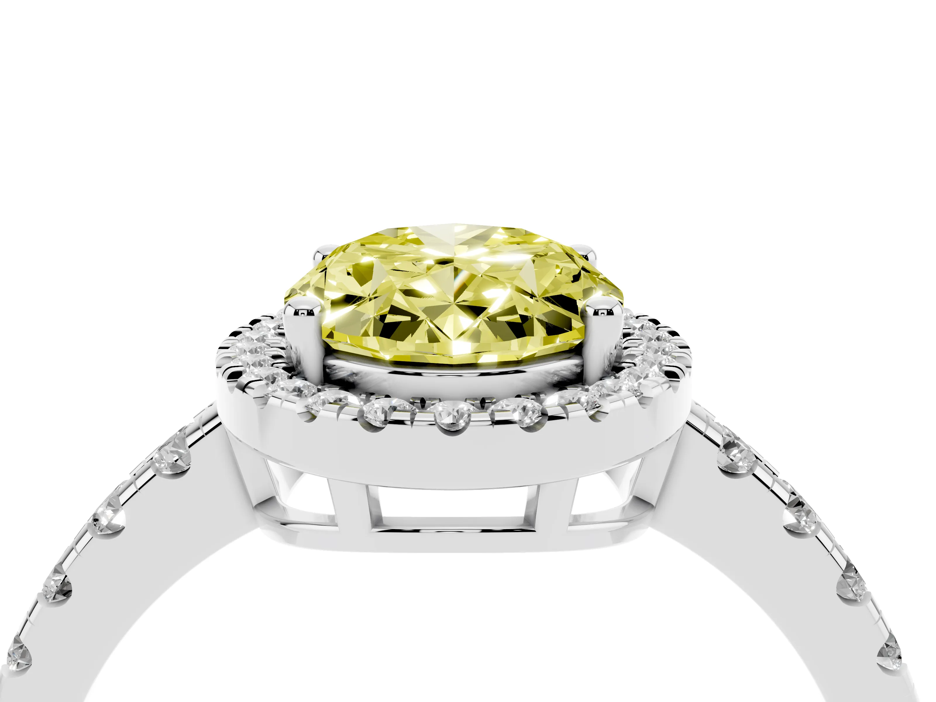 Fancy Yellow Oval Cut Diamond Halo Ring Set in Platinum with Delicate Pavé Band and Prong Setting