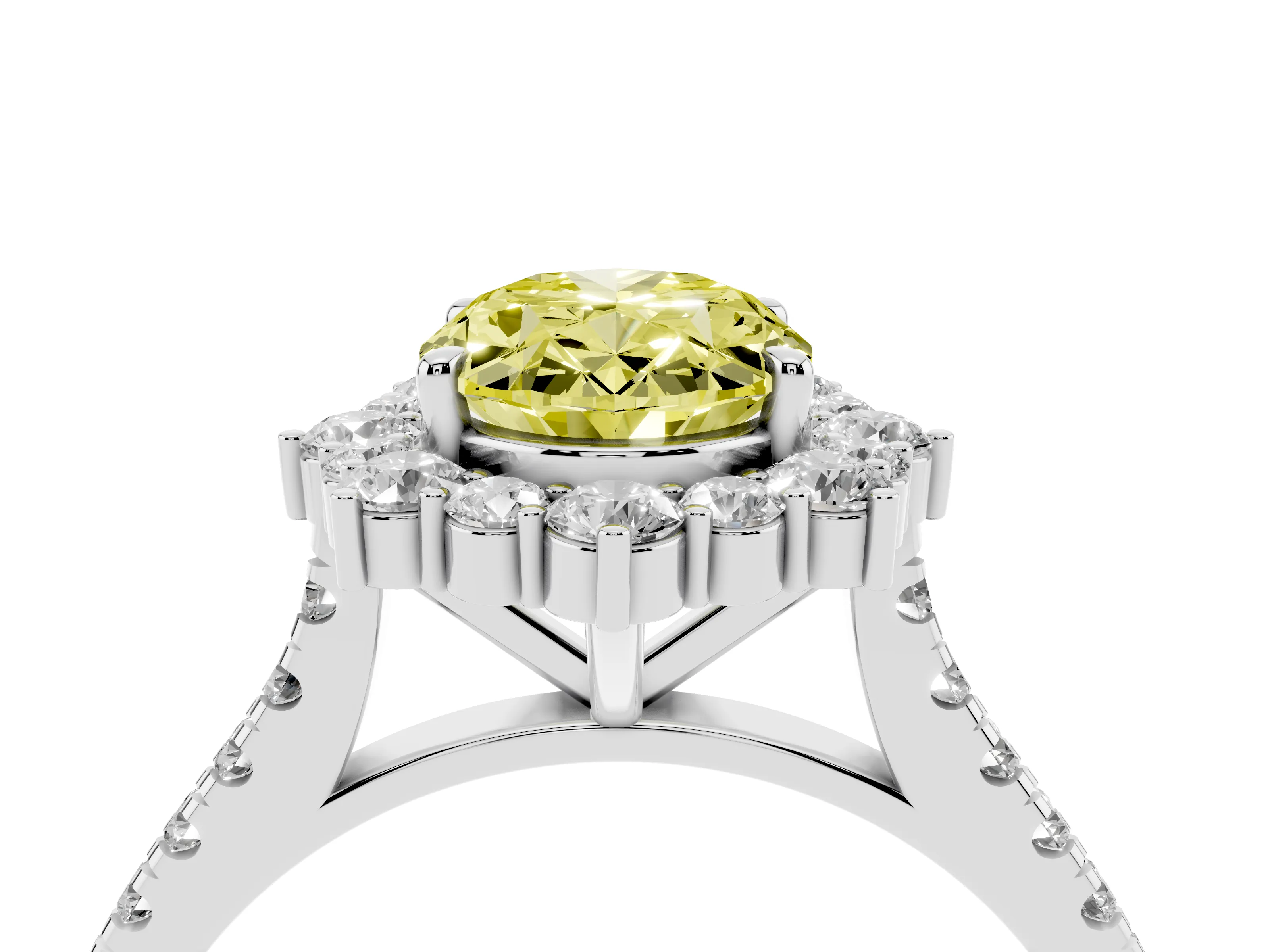 Fancy Yellow Oval Cut Diamond Halo Ring Set in Silver with Pavé Band and Prong Setting
