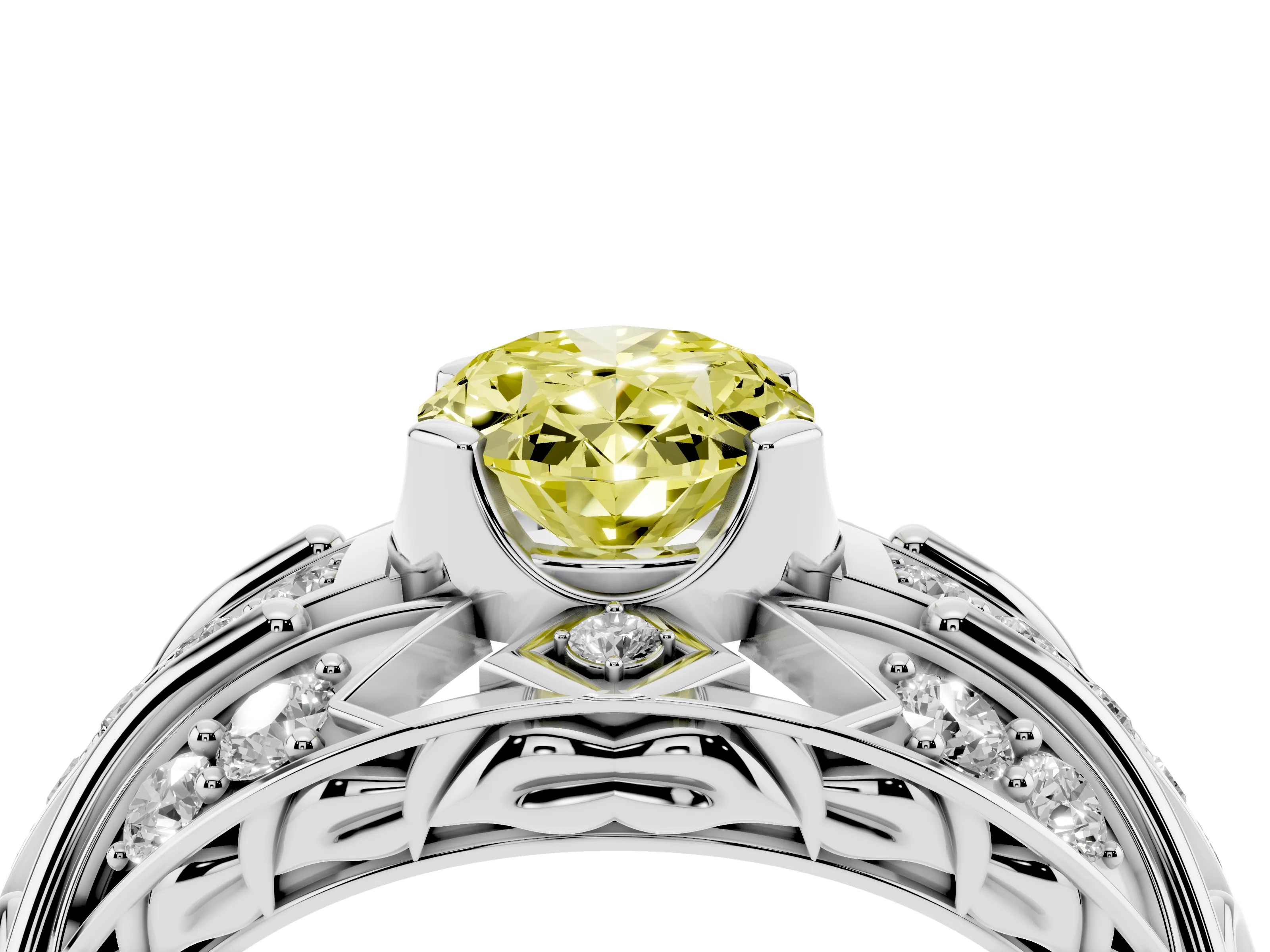 Fancy Yellow Oval Cut Diamond Art Deco Ring Set in Platinum with Pavé Split Shank