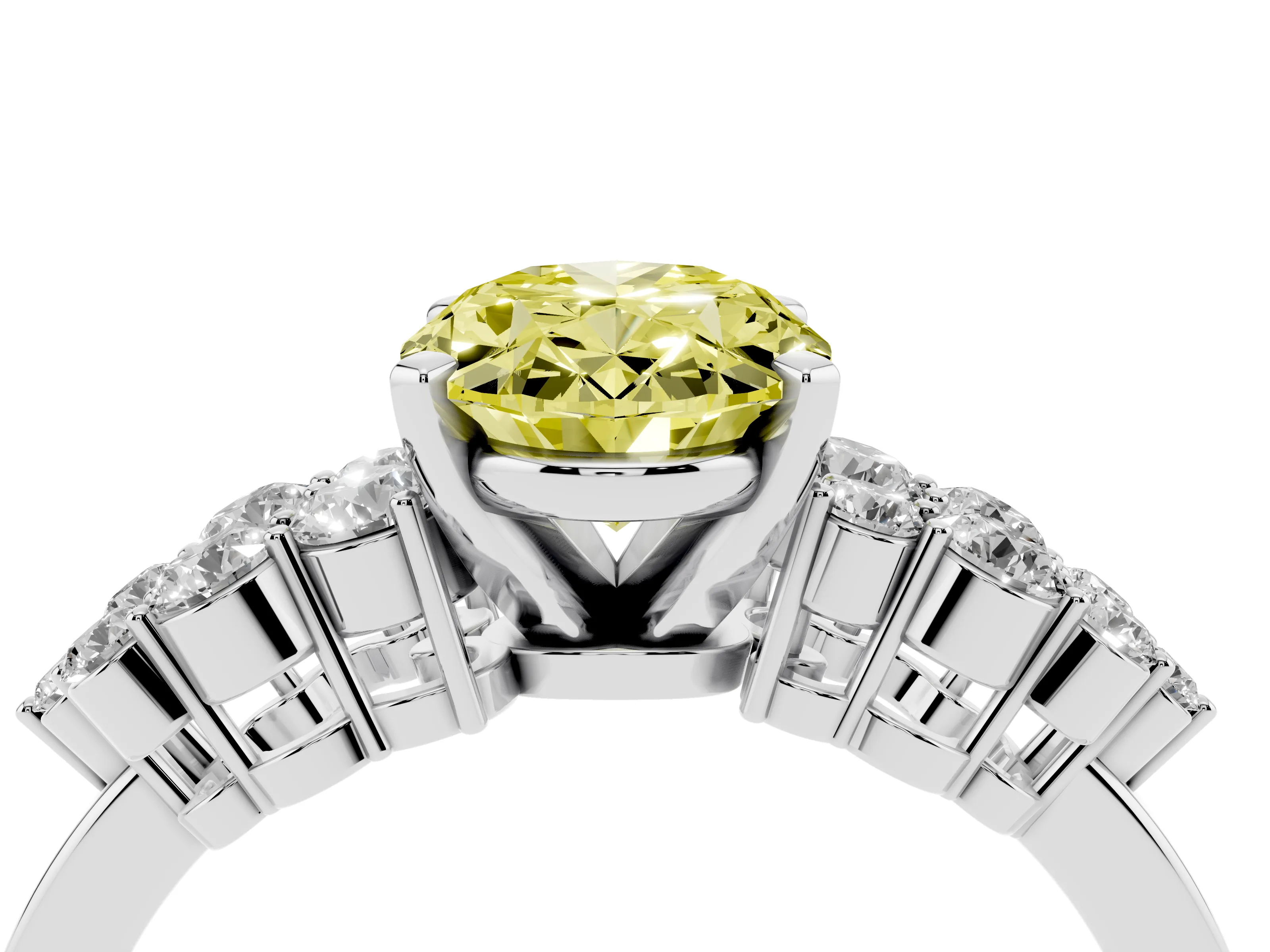 Fancy Yellow Oval Cut Diamond Cluster Engagement Ring Set in White gold with Pavé Band and Prong Setting