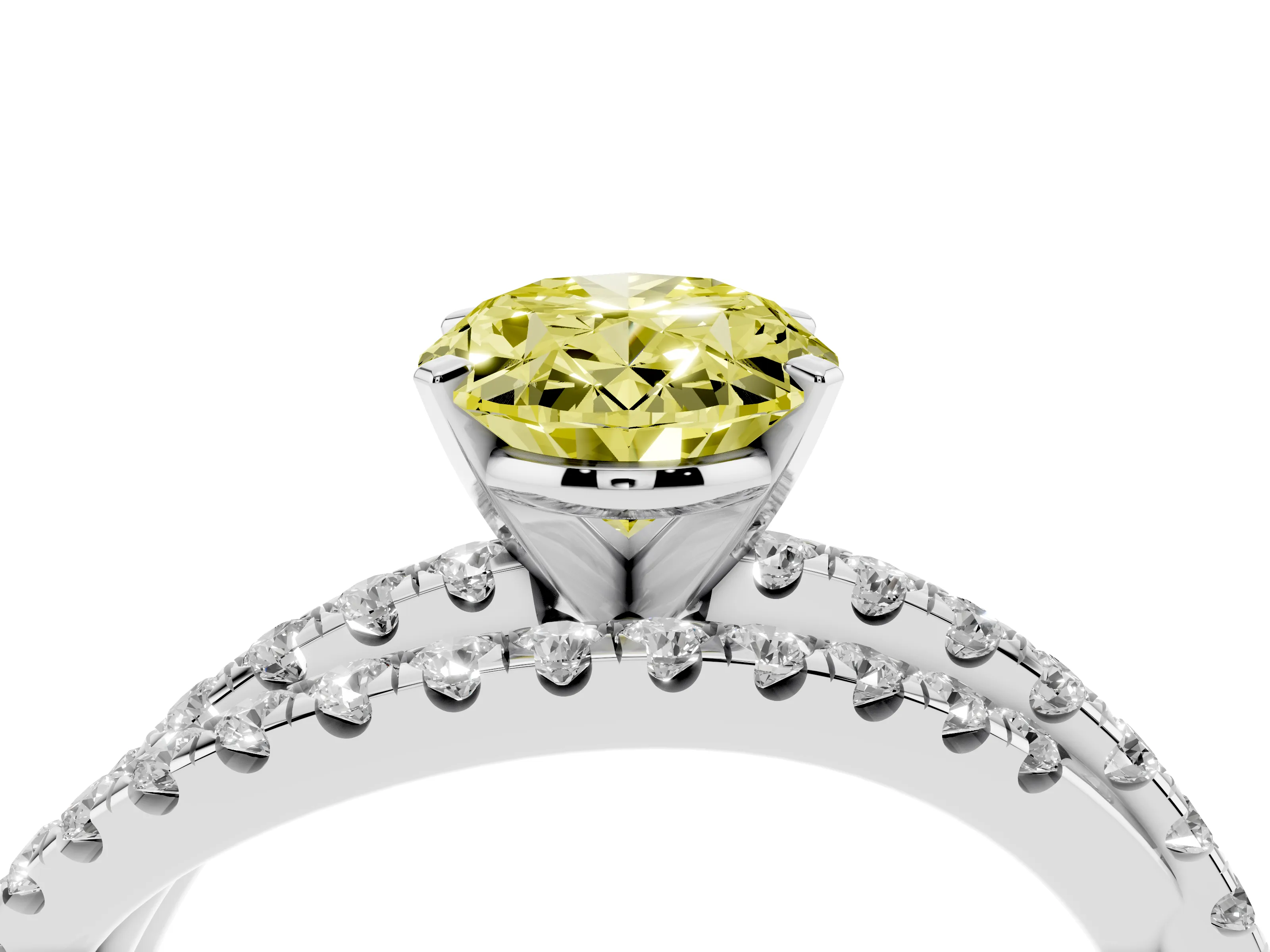 Fancy Yellow Oval Cut Diamond Solitaire Twist Band Ring Set in Platinum with Pavé Setting and Prong Head