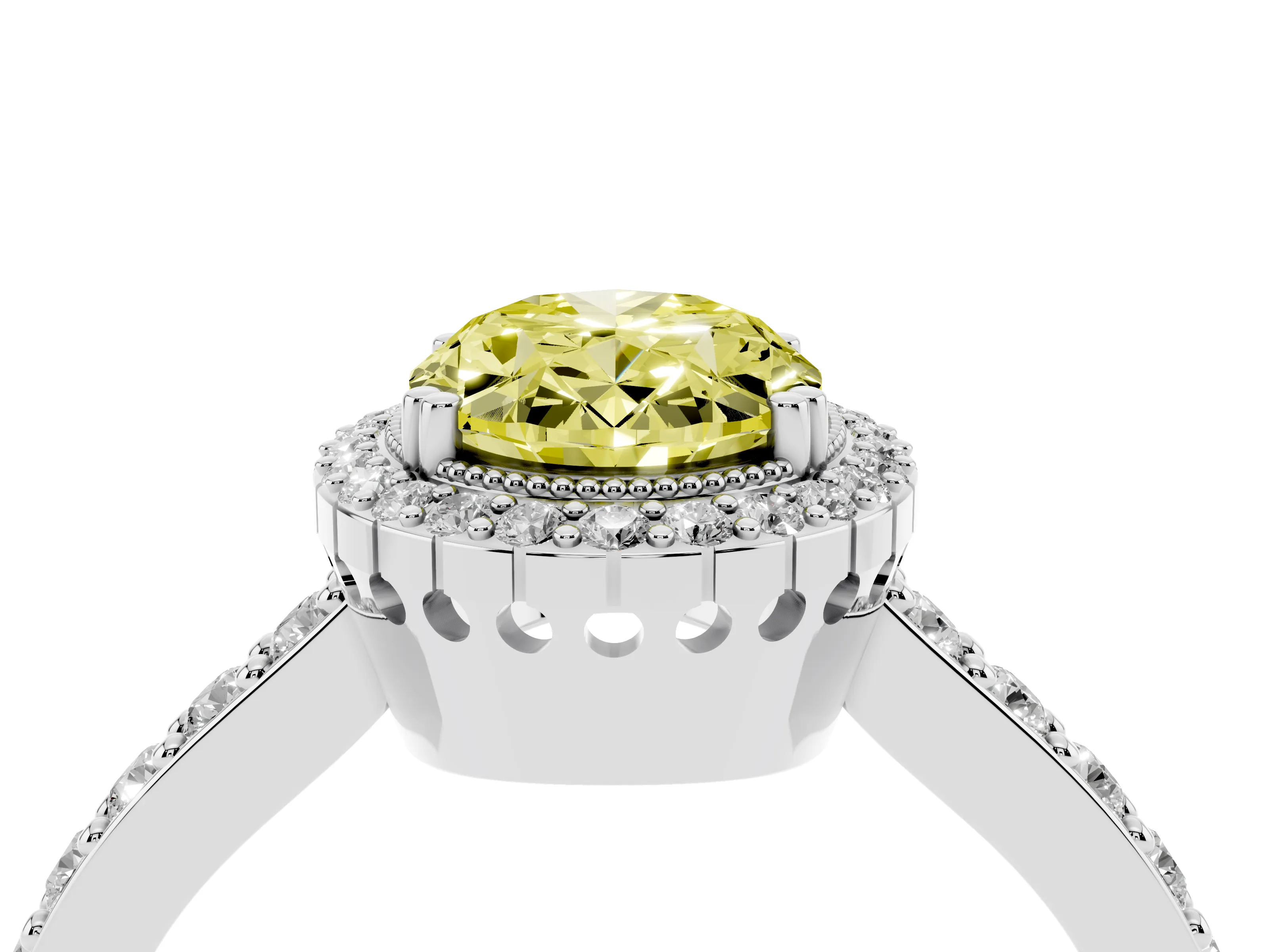 Fancy Yellow Oval Cut Diamond Halo Engagement Ring Set in Platinum with Milgrain Detail and Pavé Band