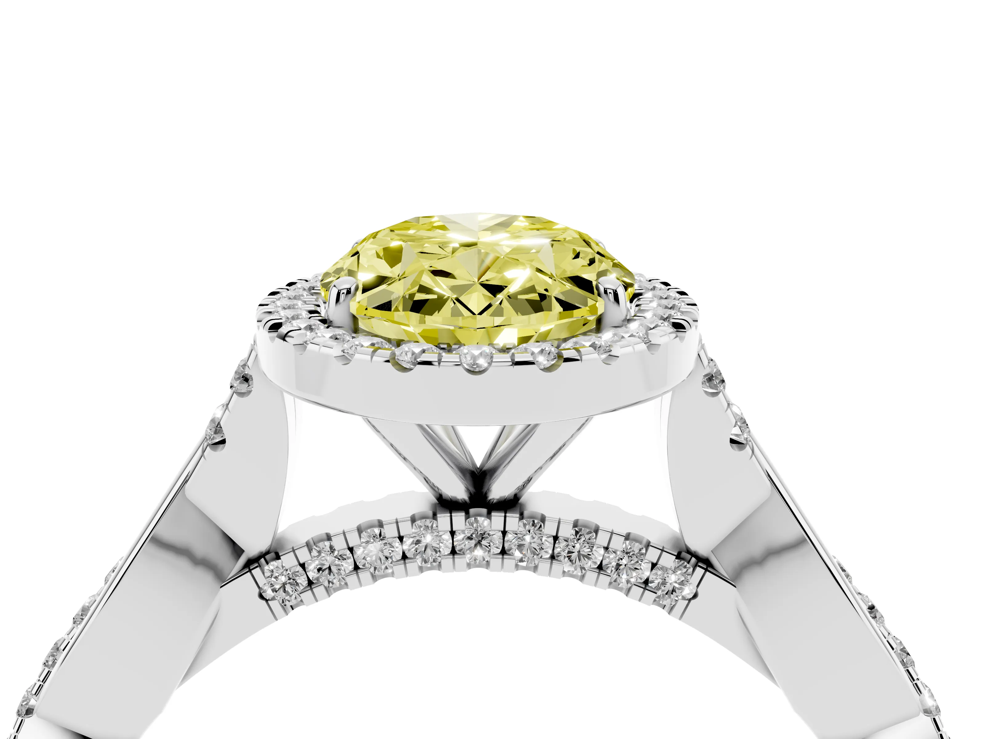 Fancy Yellow Oval Cut Diamond Halo Twist Band Solitaire Ring Set in Platinum with Prong Setting