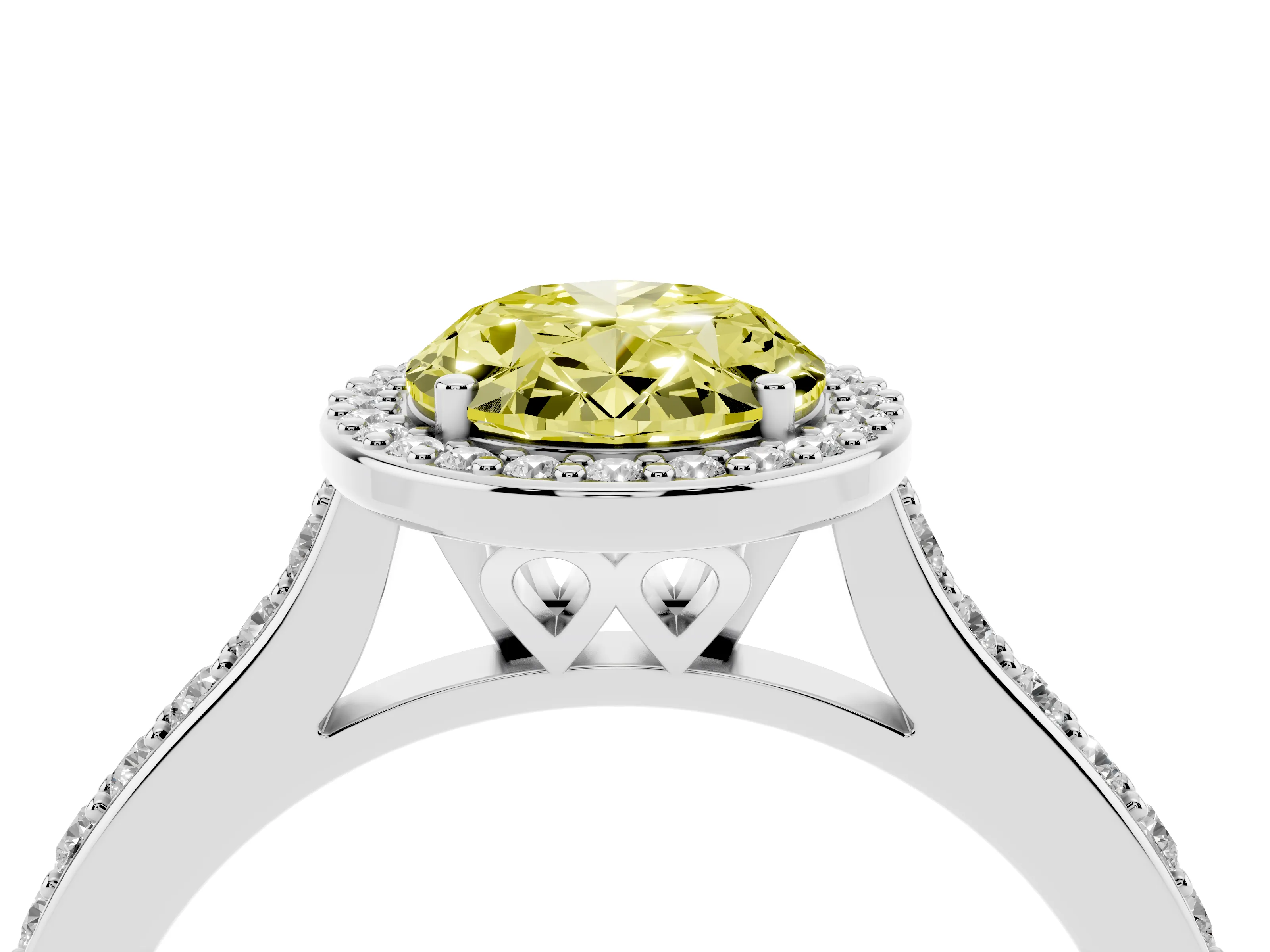 Fancy Yellow Oval Cut Diamond Halo Engagement Ring Set in Platinum with Round Pavé Shoulders and Heart Gallery