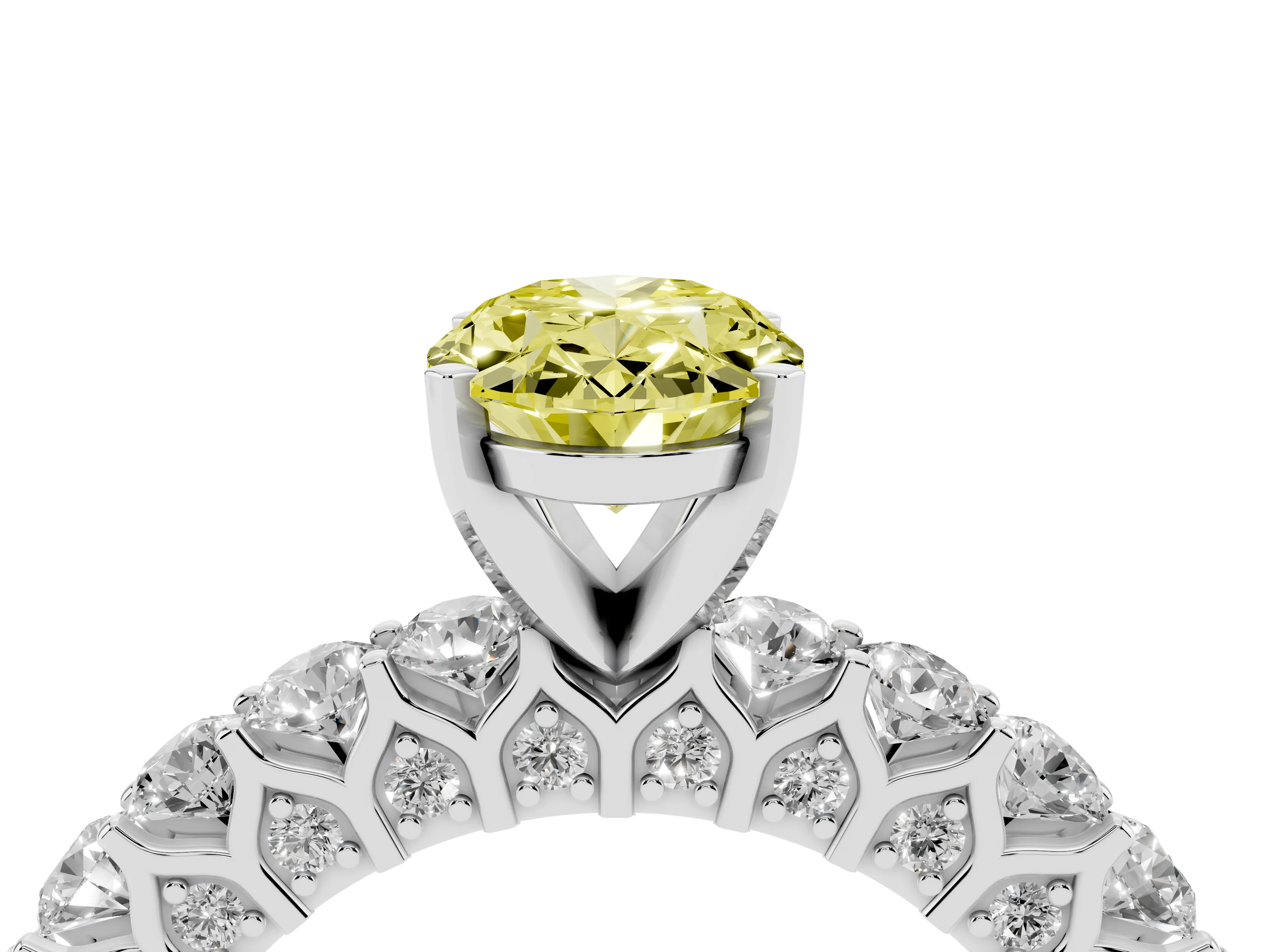 Fancy Yellow Oval Cut Diamond Solitaire Ring Set in Platinum with Shared Prong Pavé Band
