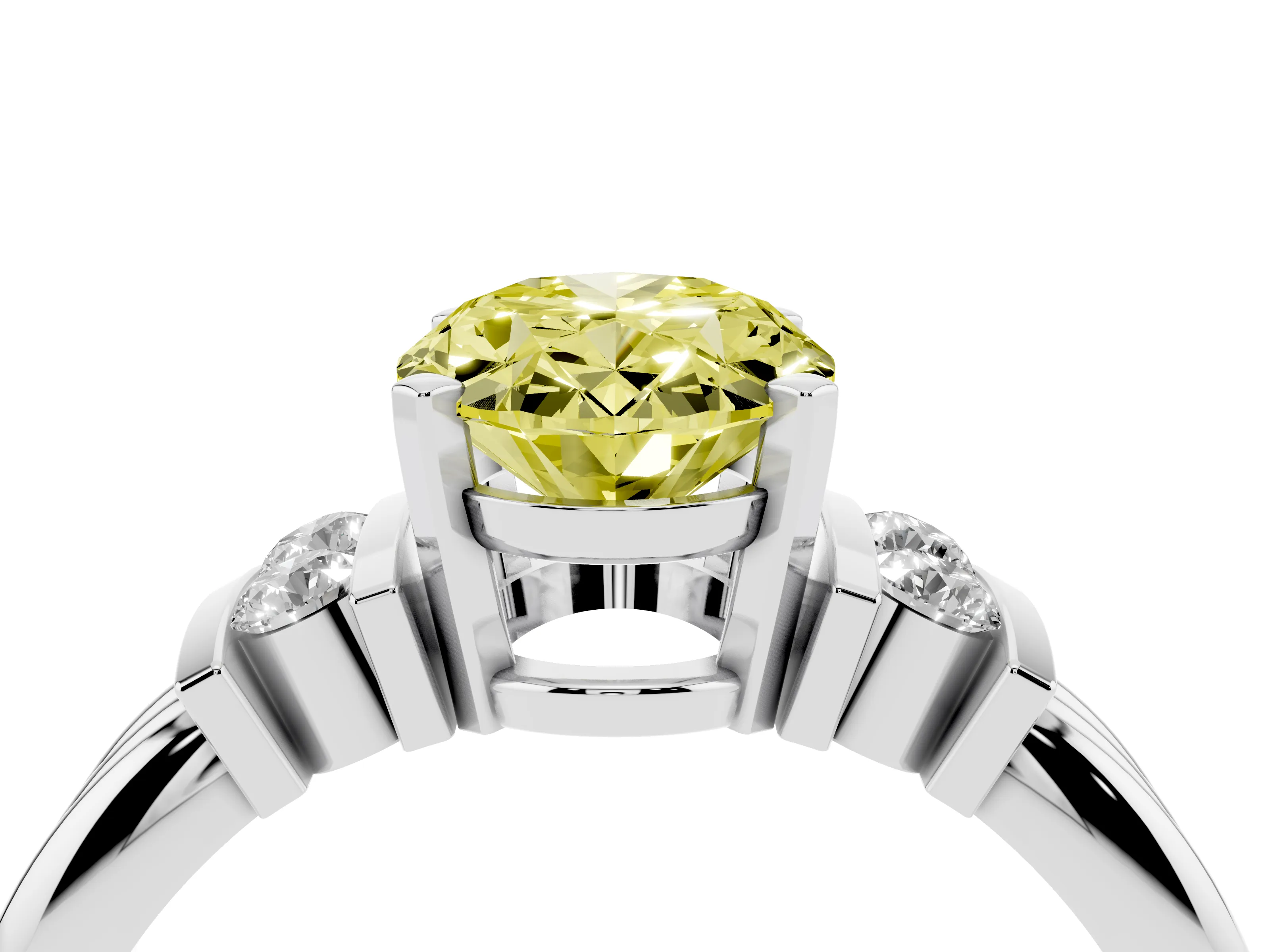Fancy Yellow Three-Stone Oval Cut Diamond Channel Set Ring Set in White gold with Bar Prongs