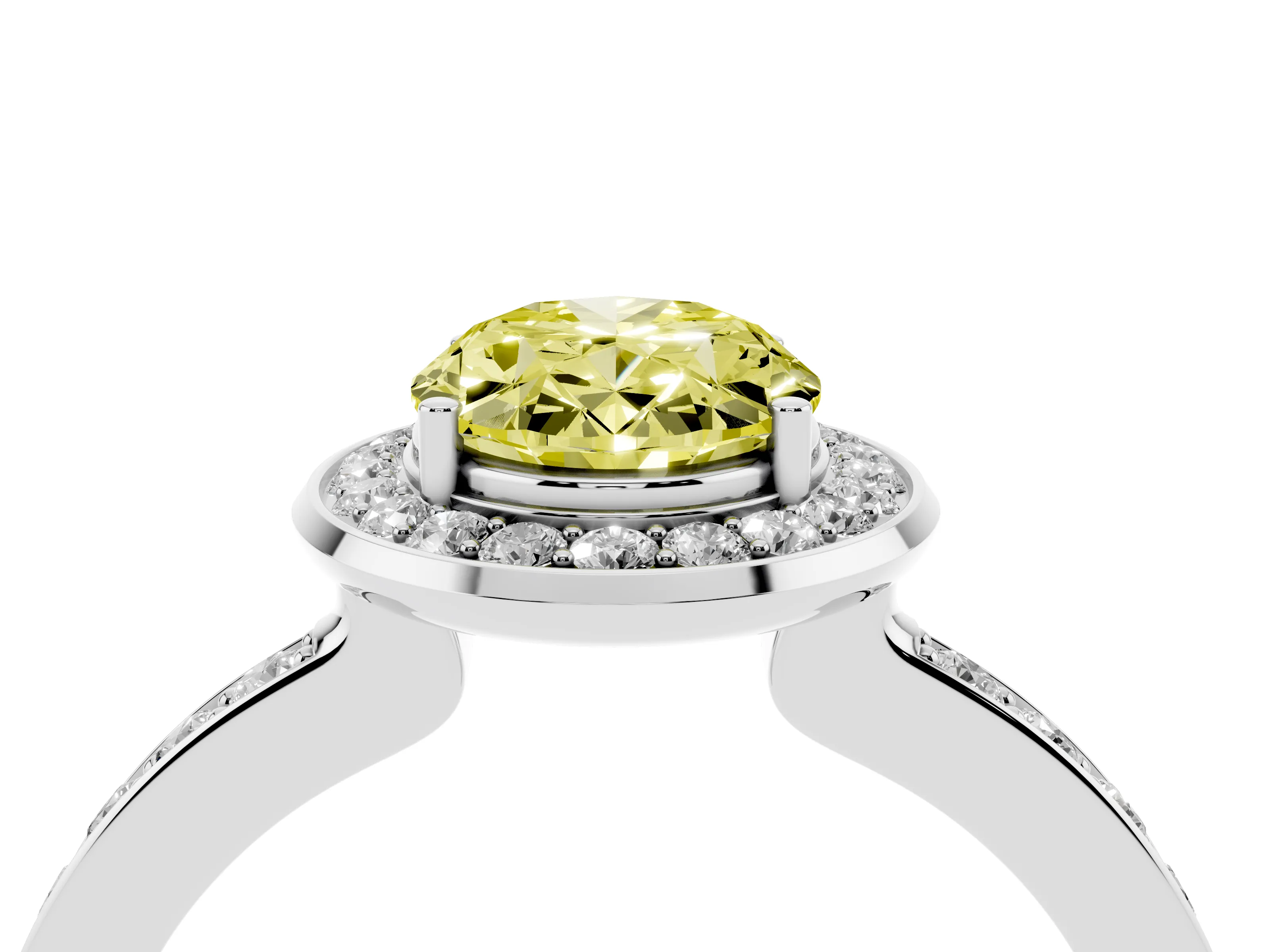 Fancy Yellow Oval Cut Diamond Halo Ring Set in White gold with Bezel Frame and Pavé Band