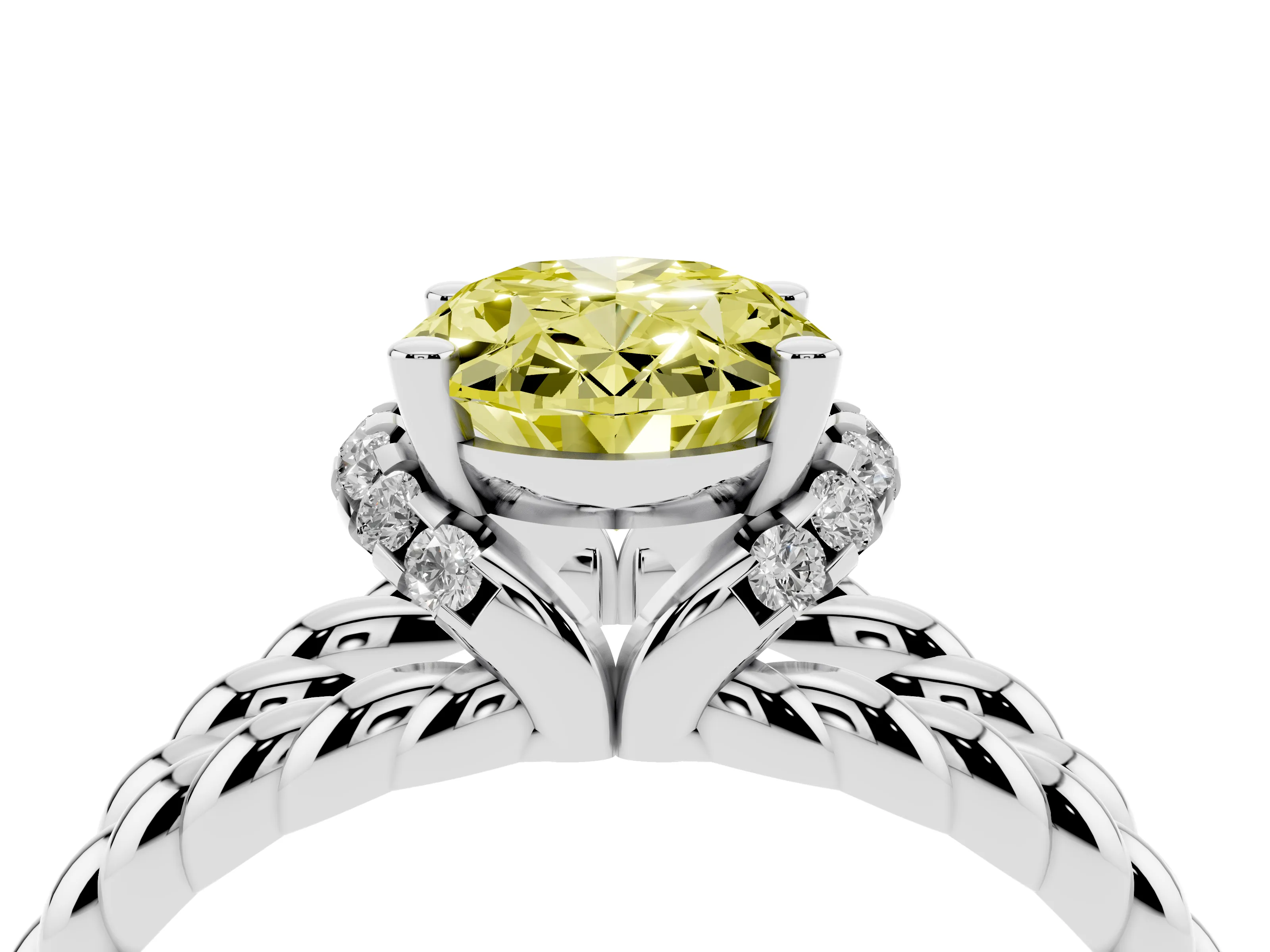 Fancy Yellow Oval Cut Diamond Halo Ring Set in Platinum with Twisted Band and Prong Setting