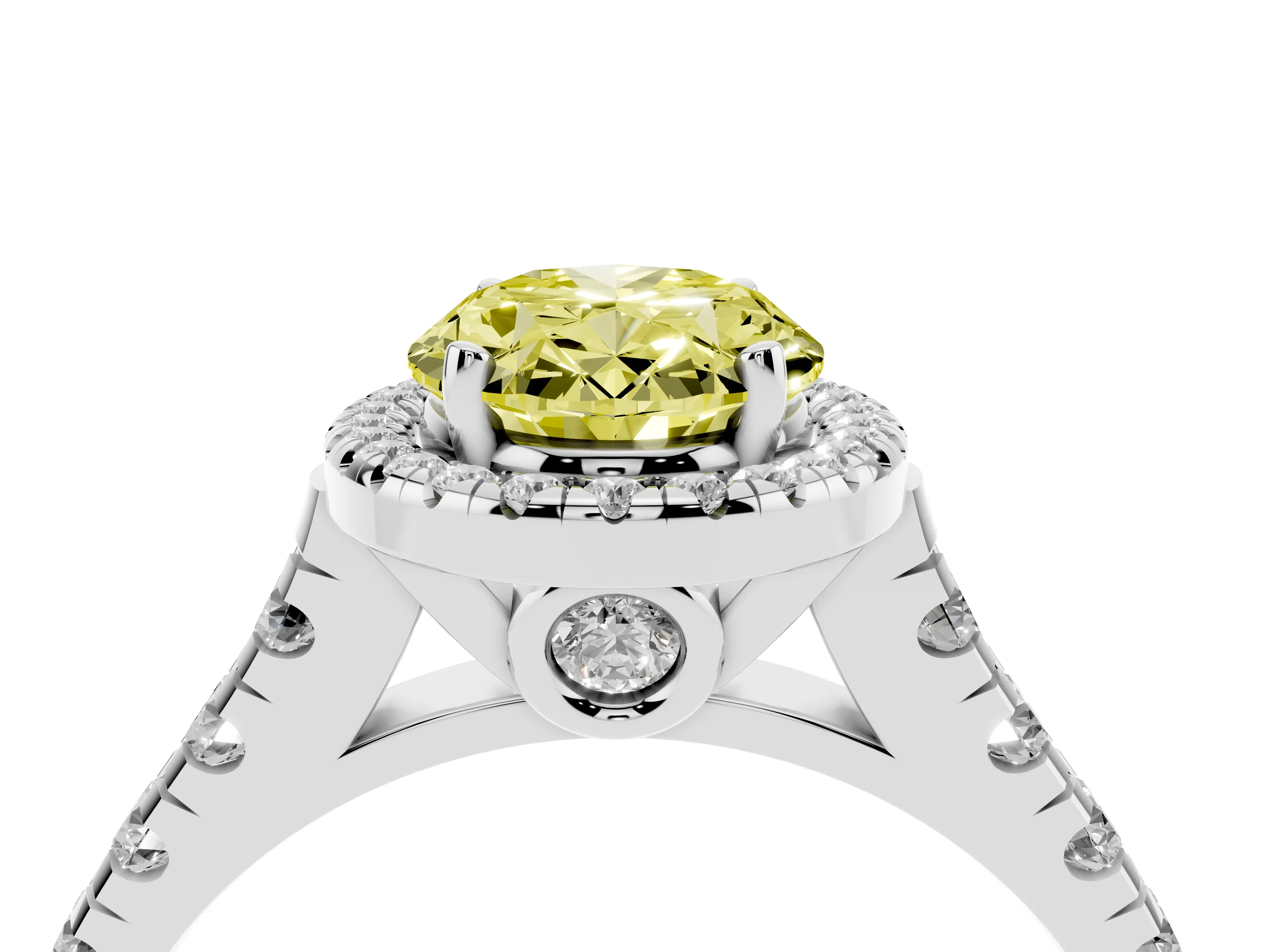 Fancy Yellow Oval Cut Diamond Halo Engagement Ring Set in Silver with Pavé Band and Prong-Set Center