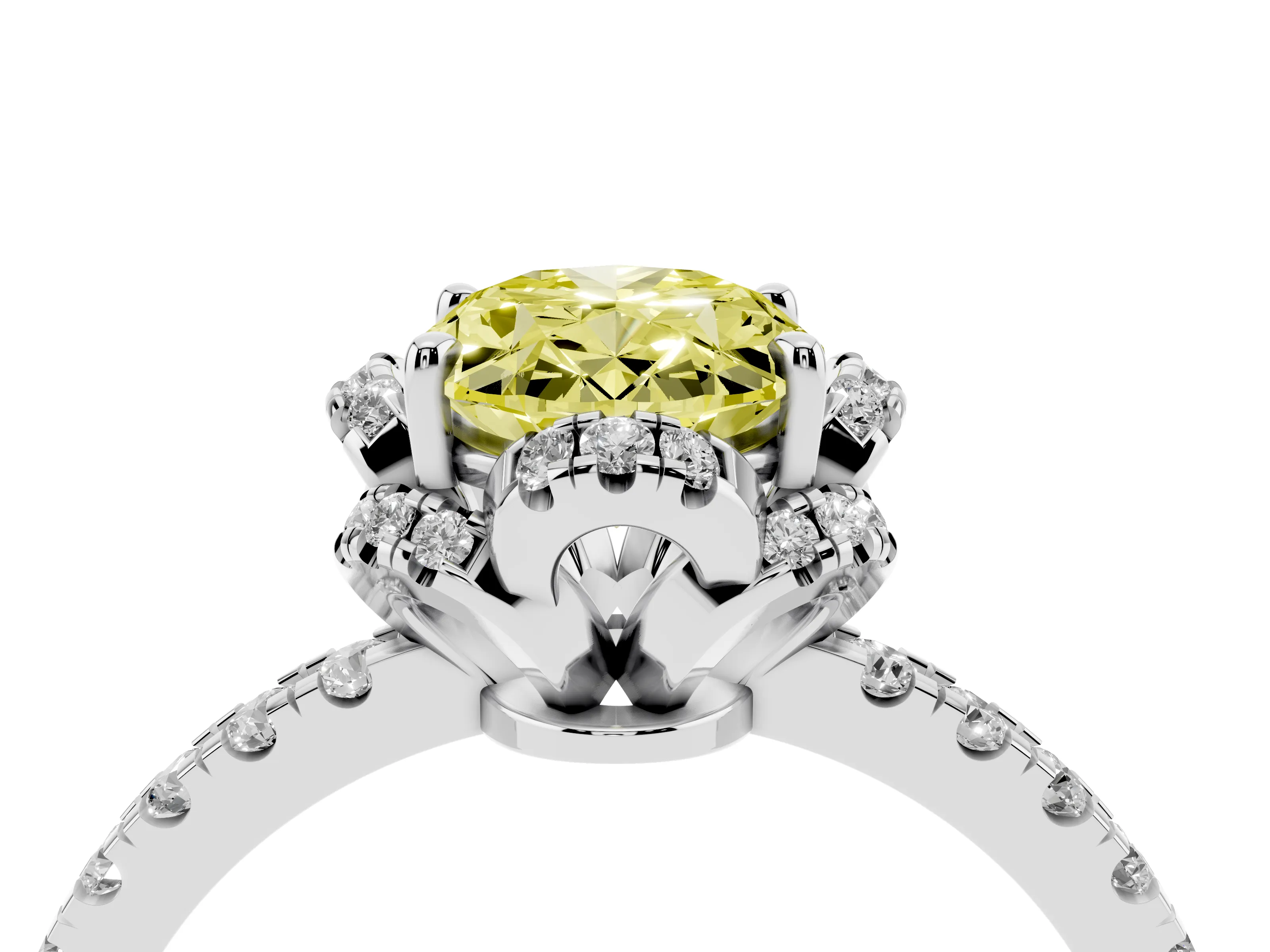 Fancy Yellow Oval Cut Diamond Halo Pavé Band Ring Set in White gold with Prong-Held Center
