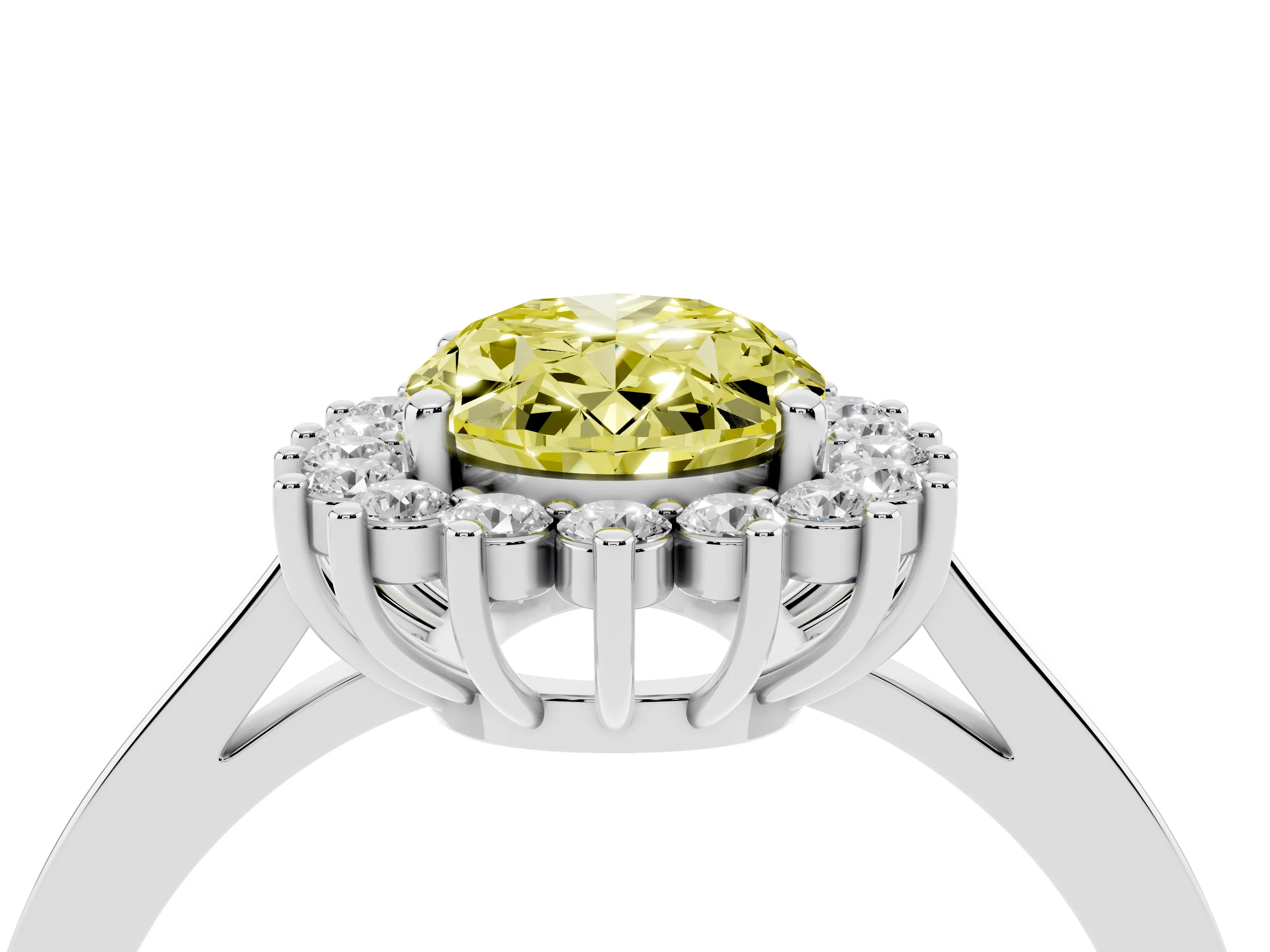 Fancy Yellow Oval Cut Diamond Halo Ring Set in White gold with Round Halo and Smooth Solitaire Band