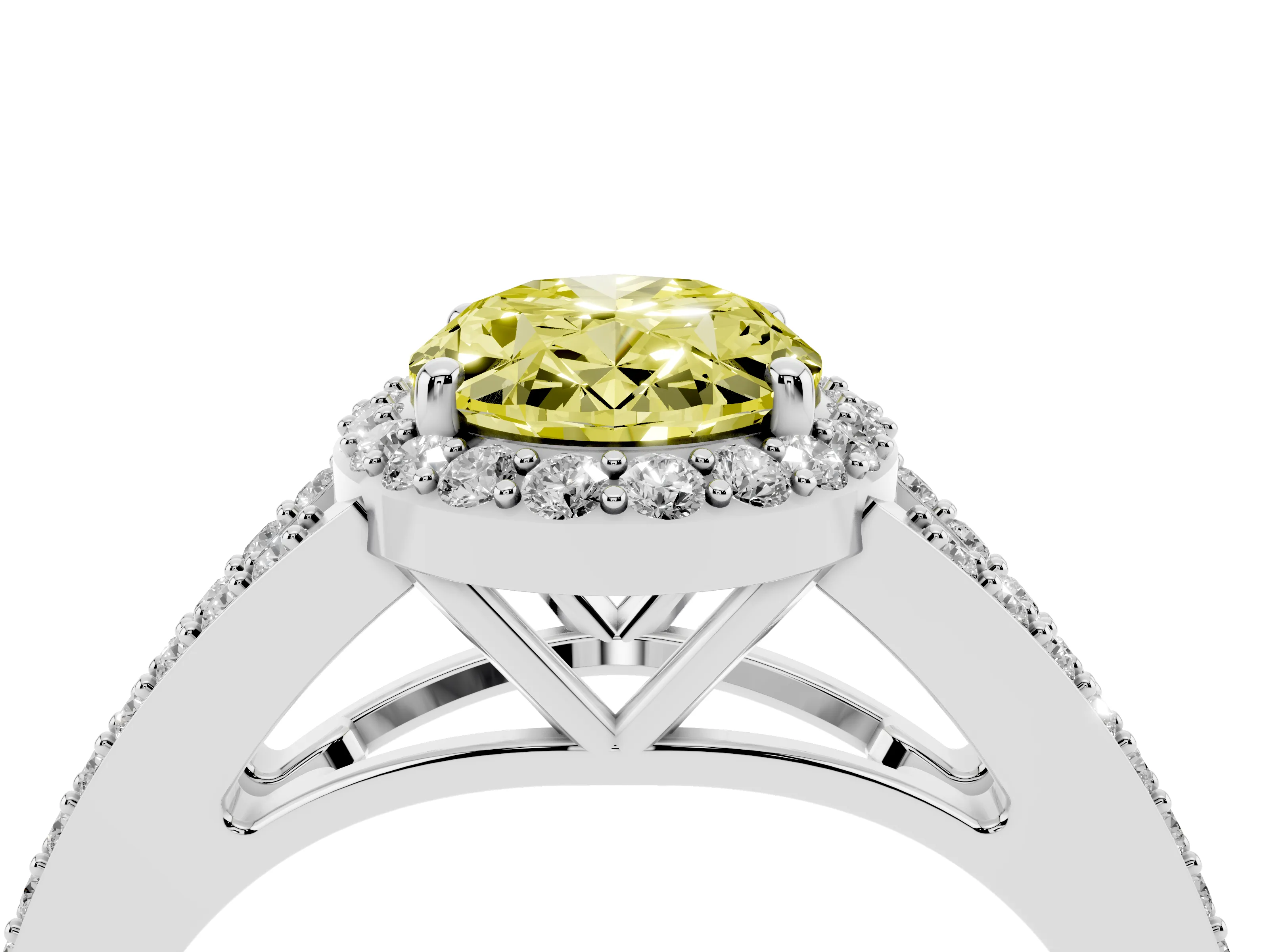 Fancy Yellow Oval Cut Diamond Halo Split Shank Ring Set in White gold with Accent Stones and Prong Setting