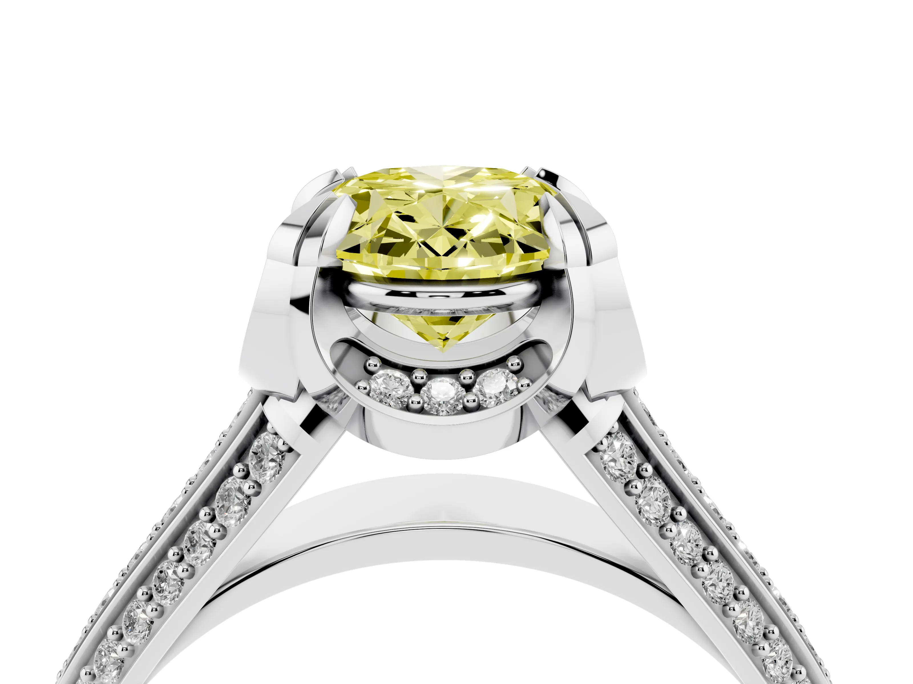 Fancy Yellow Oval Cut Diamond Pavé Split Shank Solitaire Ring Set in Silver with Prong Setting