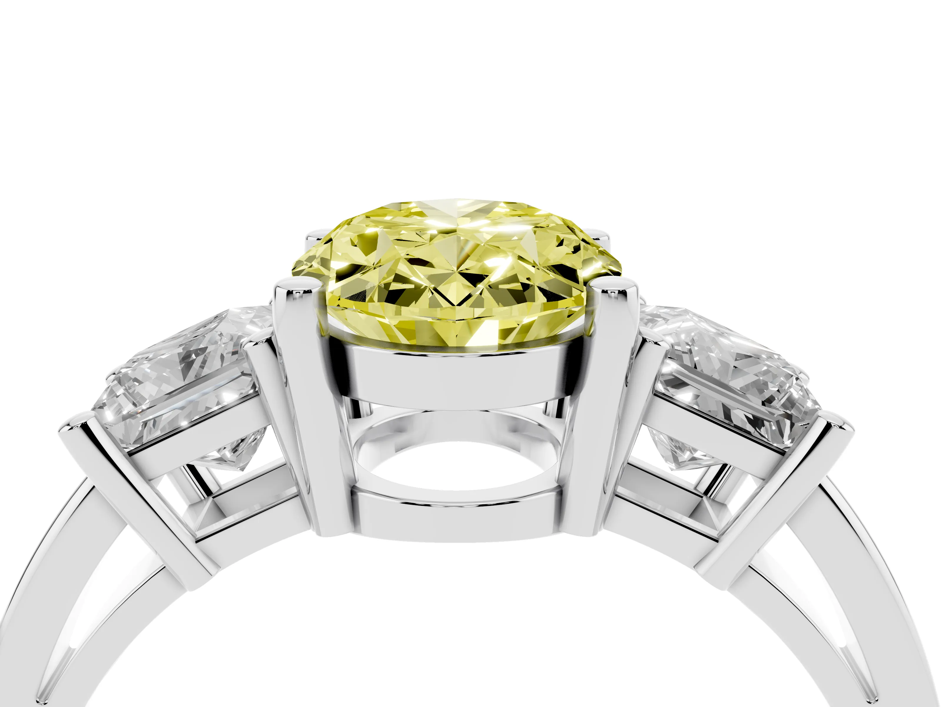Fancy Yellow Three-Stone Oval Cut Diamond Solitaire Ring Set in Platinum with Prong Setting