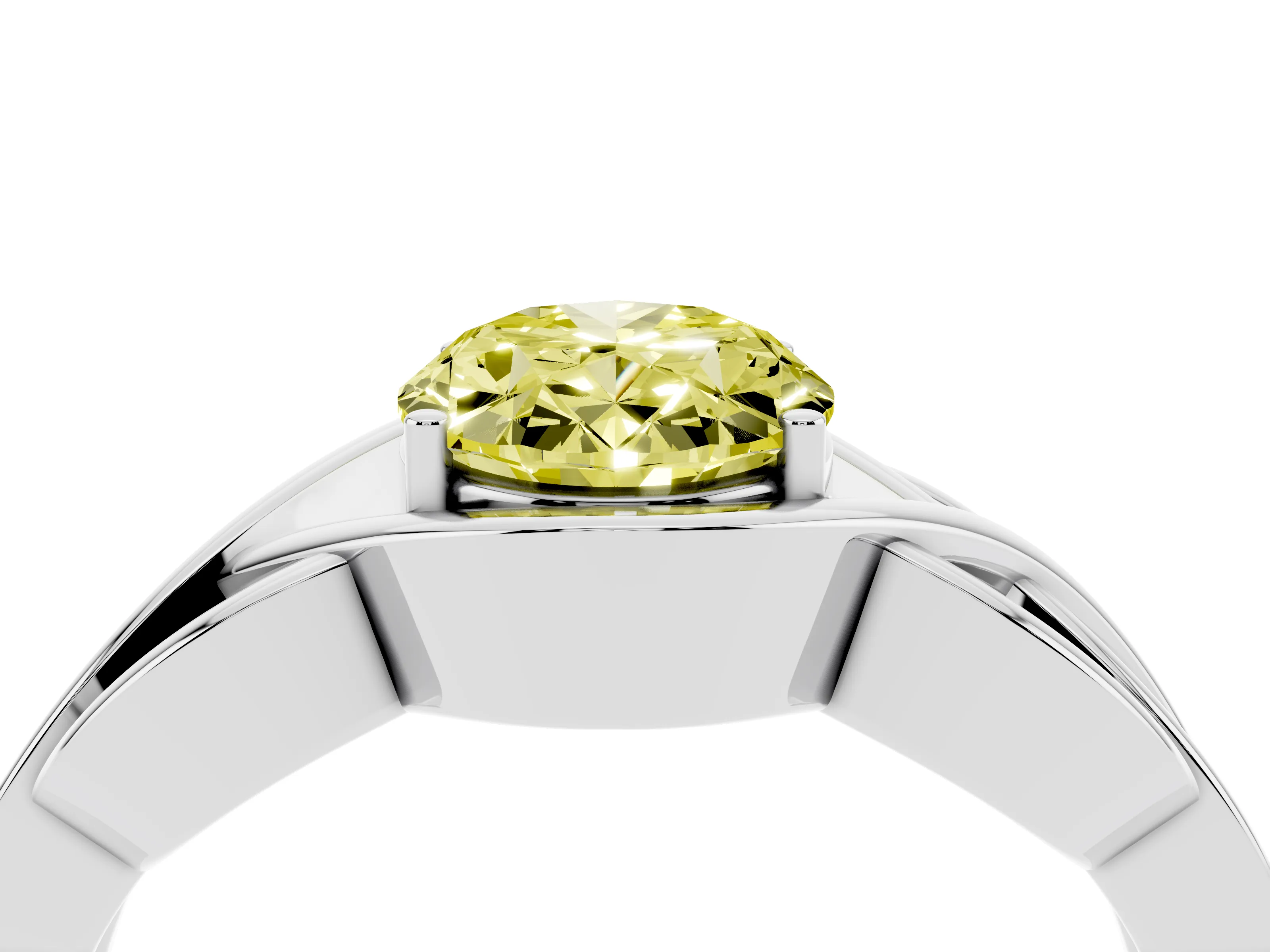 Fancy Yellow Oval Cut Diamond Solitaire Ring Set in Platinum with Intertwined Band