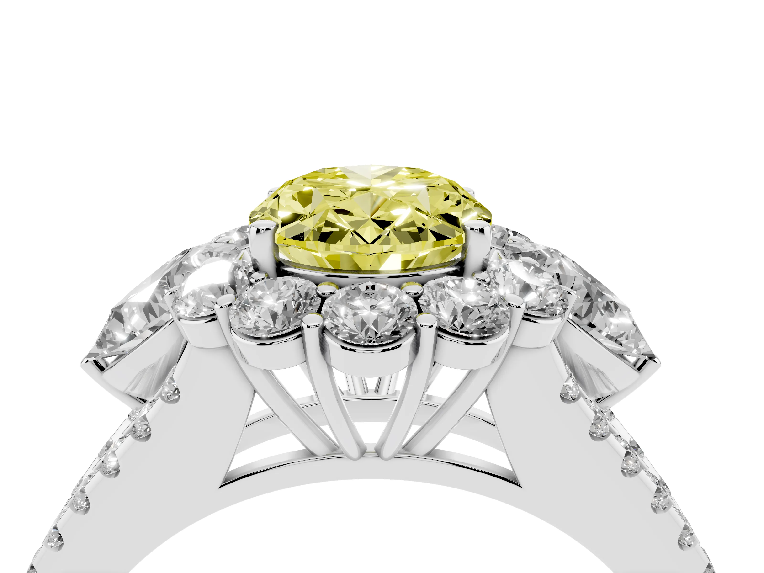 Fancy Yellow Oval Cut Diamond Halo Split Shank Engagement Ring Set in Silver with Prong-Held Center Stone