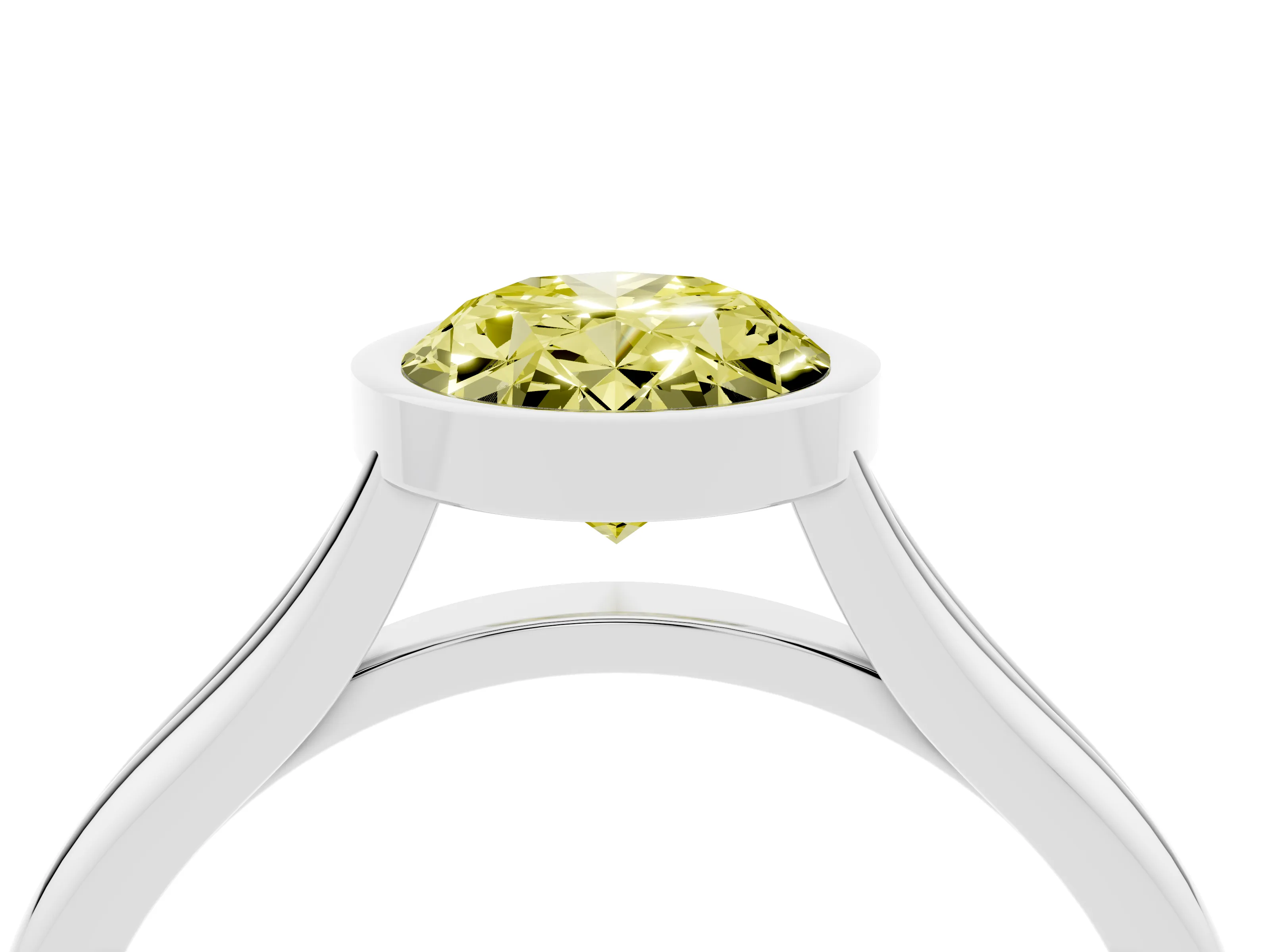 Fancy Yellow Bezel Set Oval Cut Diamond Solitaire Ring Set in Platinum with Tapered Band