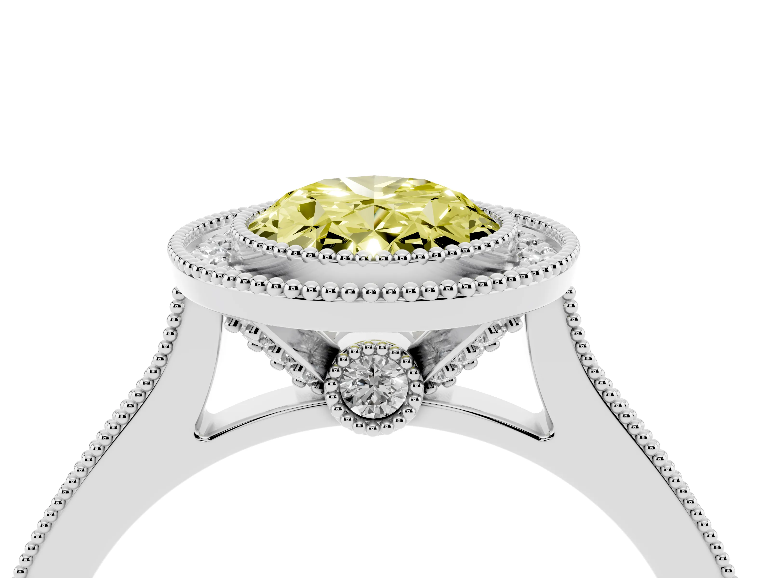 Fancy Yellow Oval Cut Diamond Halo Milgrain Pavé Band Ring Set in Silver with Prong Setting