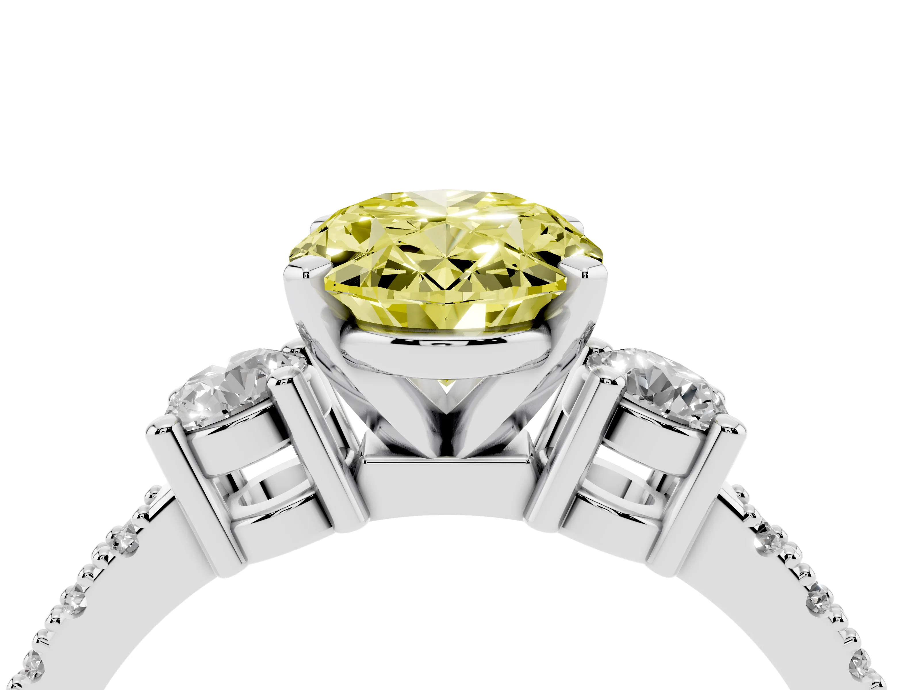 Fancy Yellow Three-Stone Oval Cut Diamond Pavé Band Ring Set in White gold with Prong Setting