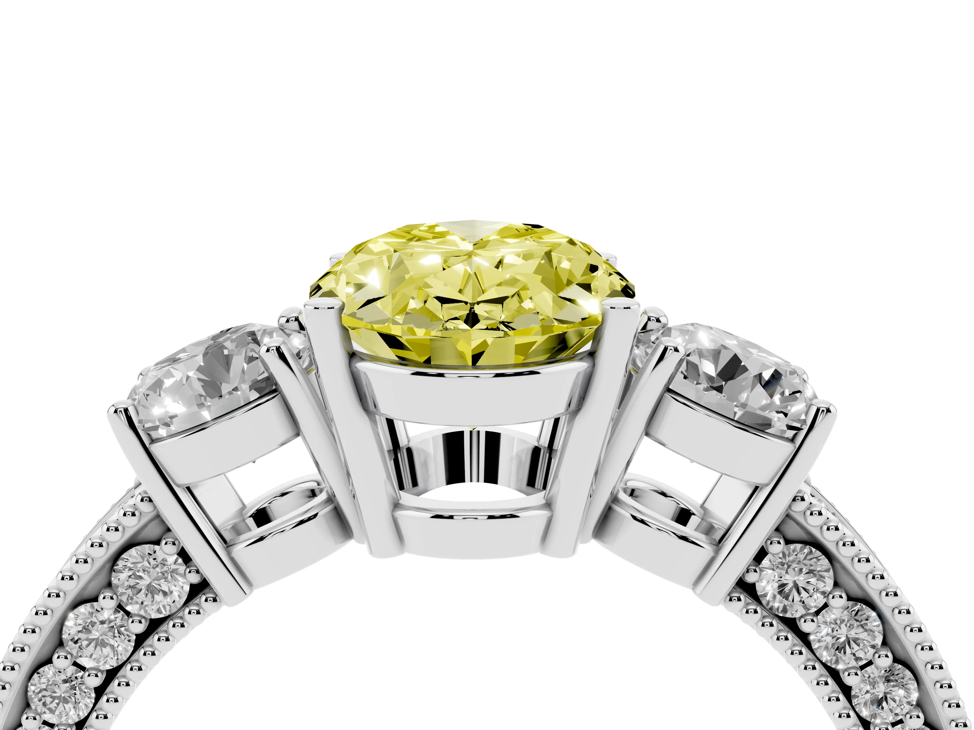 Fancy Yellow Oval Cut Diamond Three-Stone Ring Set in Silver with Round Side Stones and Pavé Band