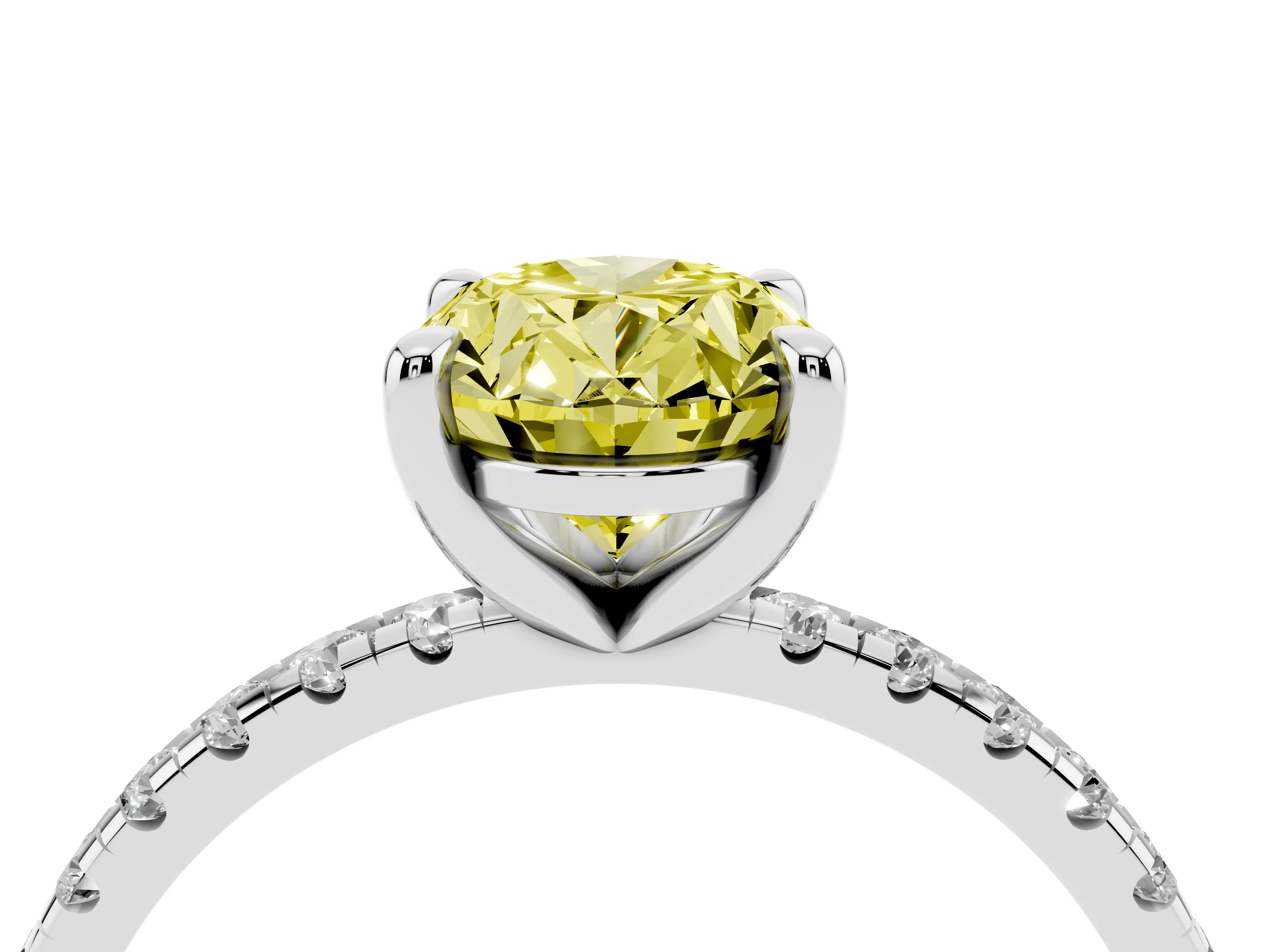 Fancy Yellow Oval Cut Diamond Brilliant Solitaire Ring Set in White gold with Pavé Band and Prong Setting