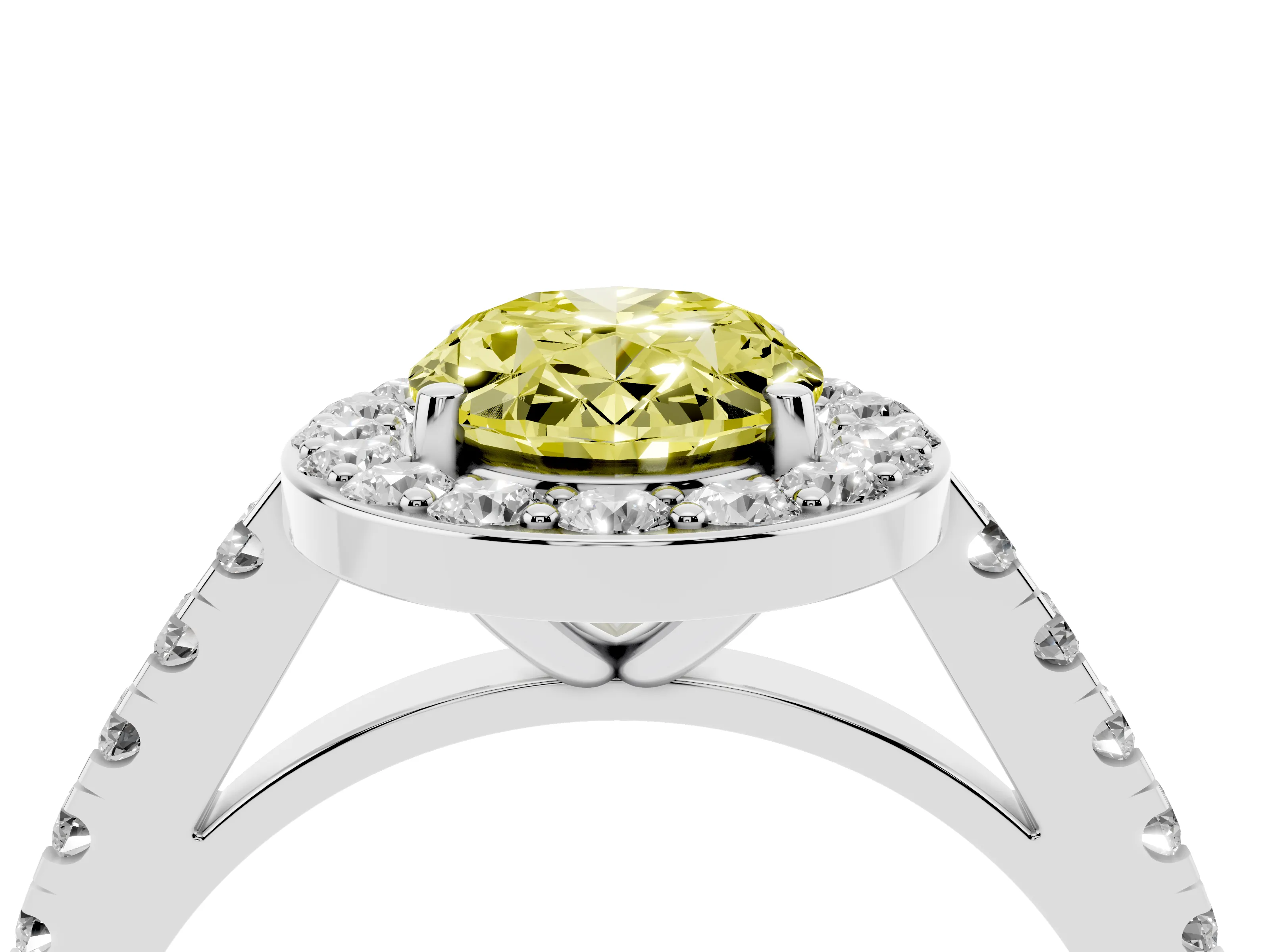 Fancy Yellow Oval Cut Diamond Halo Ring Set in Silver with Round Pavé Split Shank and Prong Setting