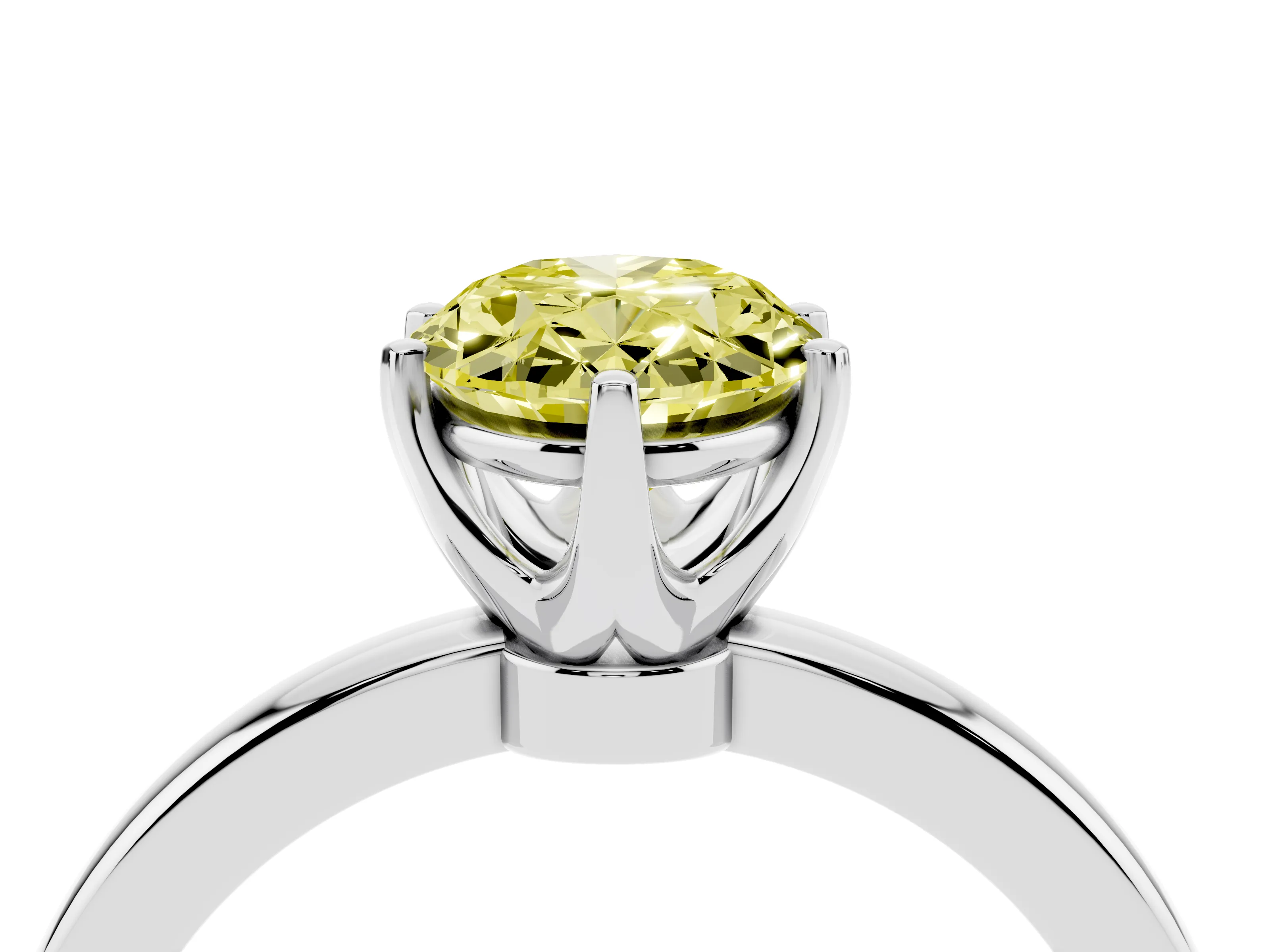 Fancy Yellow Oval Cut Diamond Solitaire Ring Set in White gold with Raised Prong Setting on a Classic Band