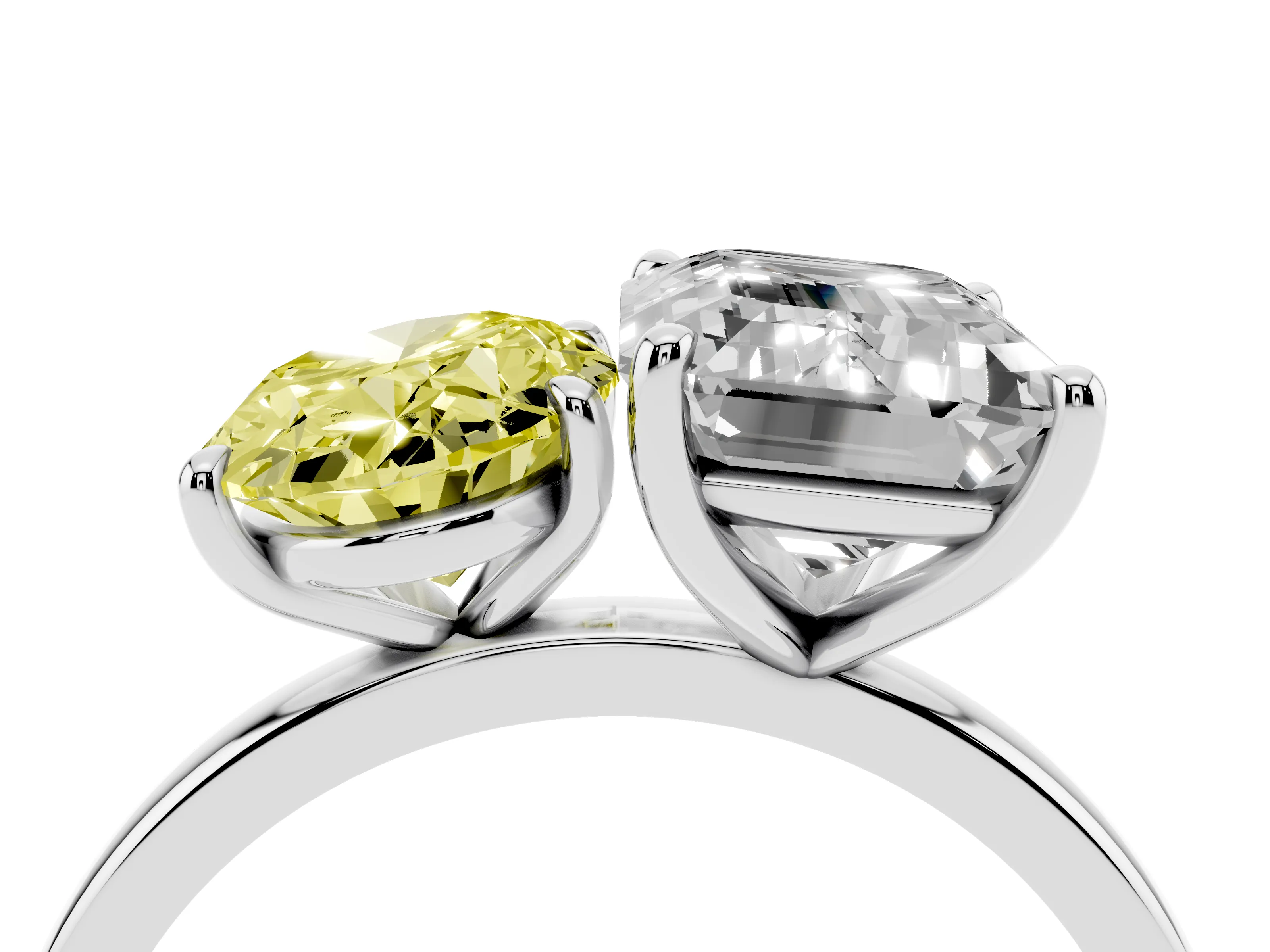 Fancy Yellow Oval Cut and Emerald Cut Toi Moi Ring Set in White gold with Prong Setting