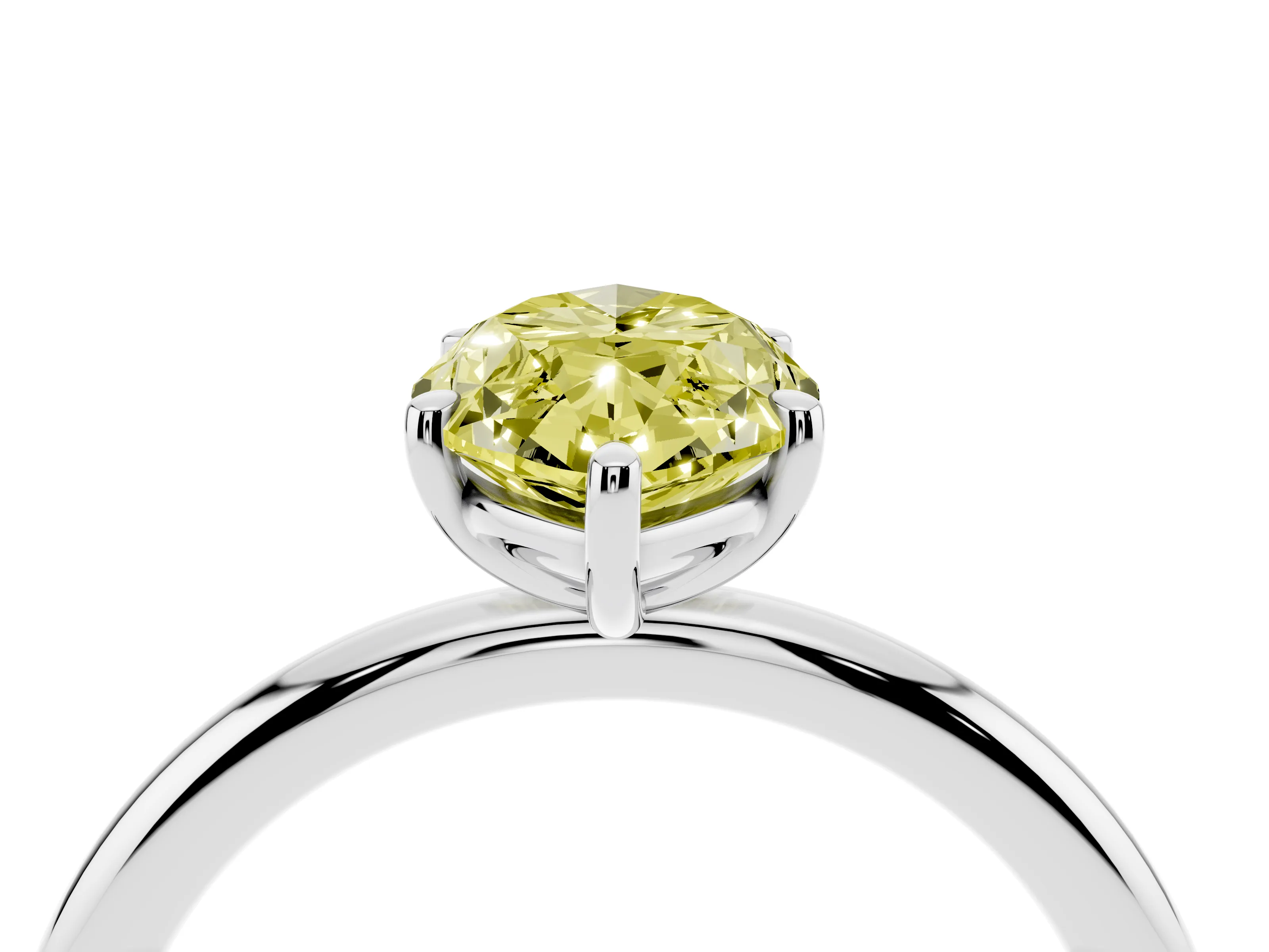 Fancy Yellow Oval Cut Diamond Solitaire Ring Set in White gold with Prong Setting on a Polished Plain Band
