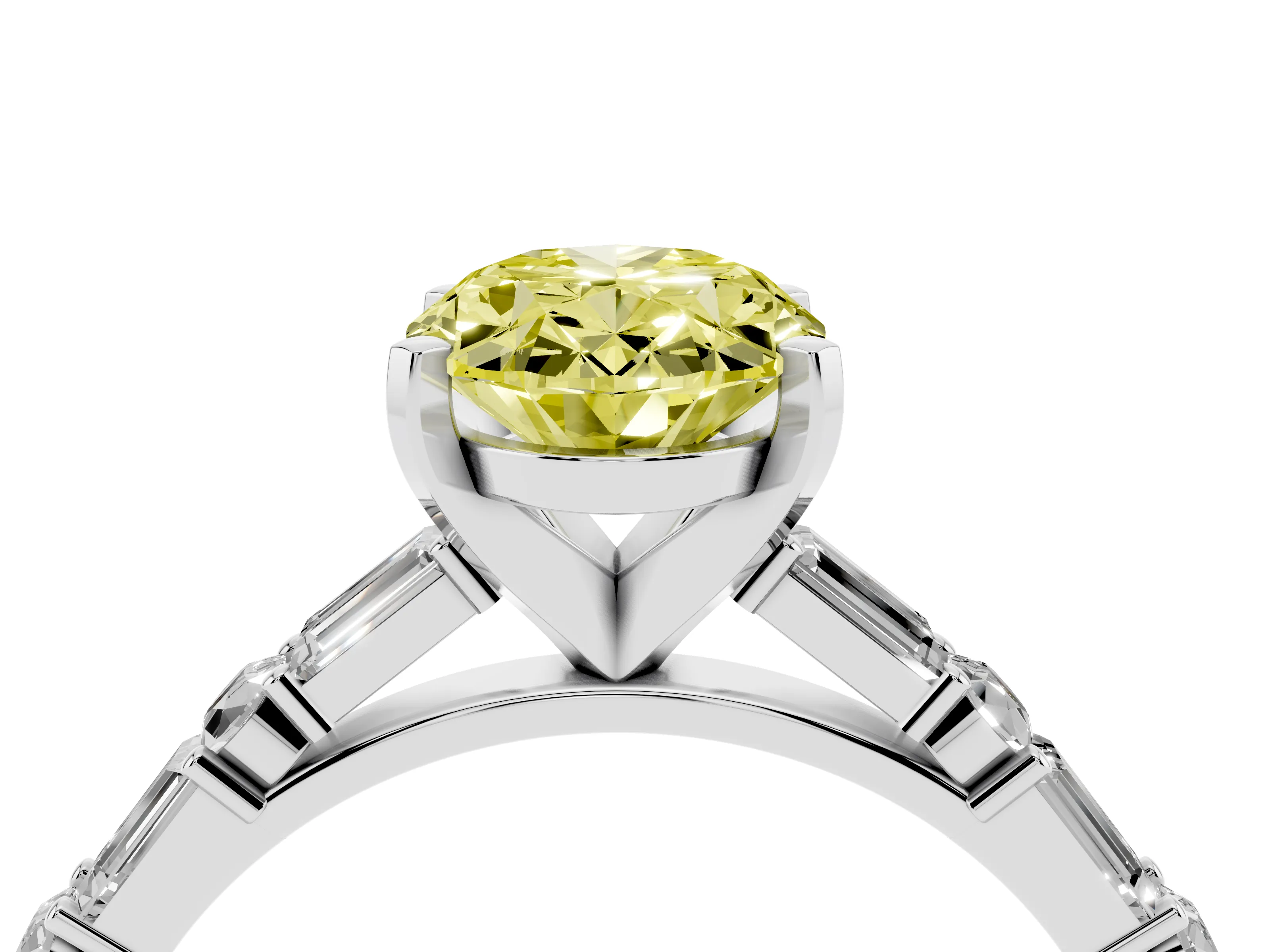 Fancy Yellow Oval Cut Diamond Solitaire Set in White gold with Side Baguettes and Channel Set Band